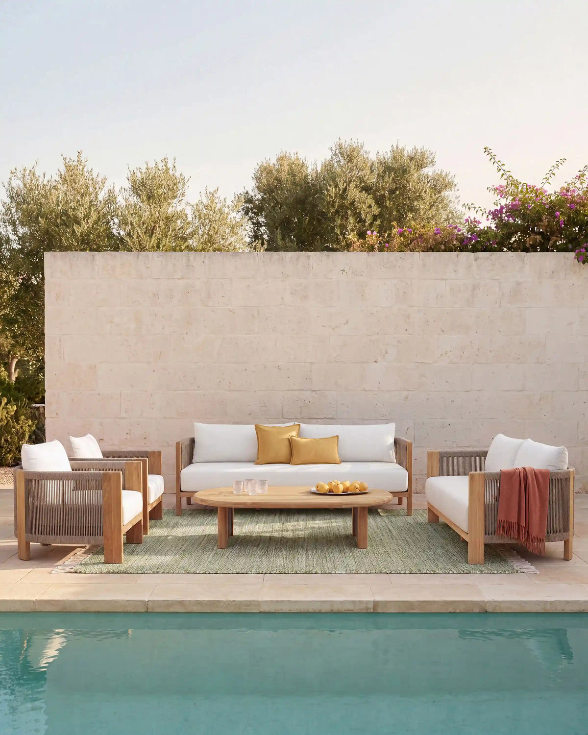 Curved Solid Teak and All-Weather Rope Outdoor Sofa