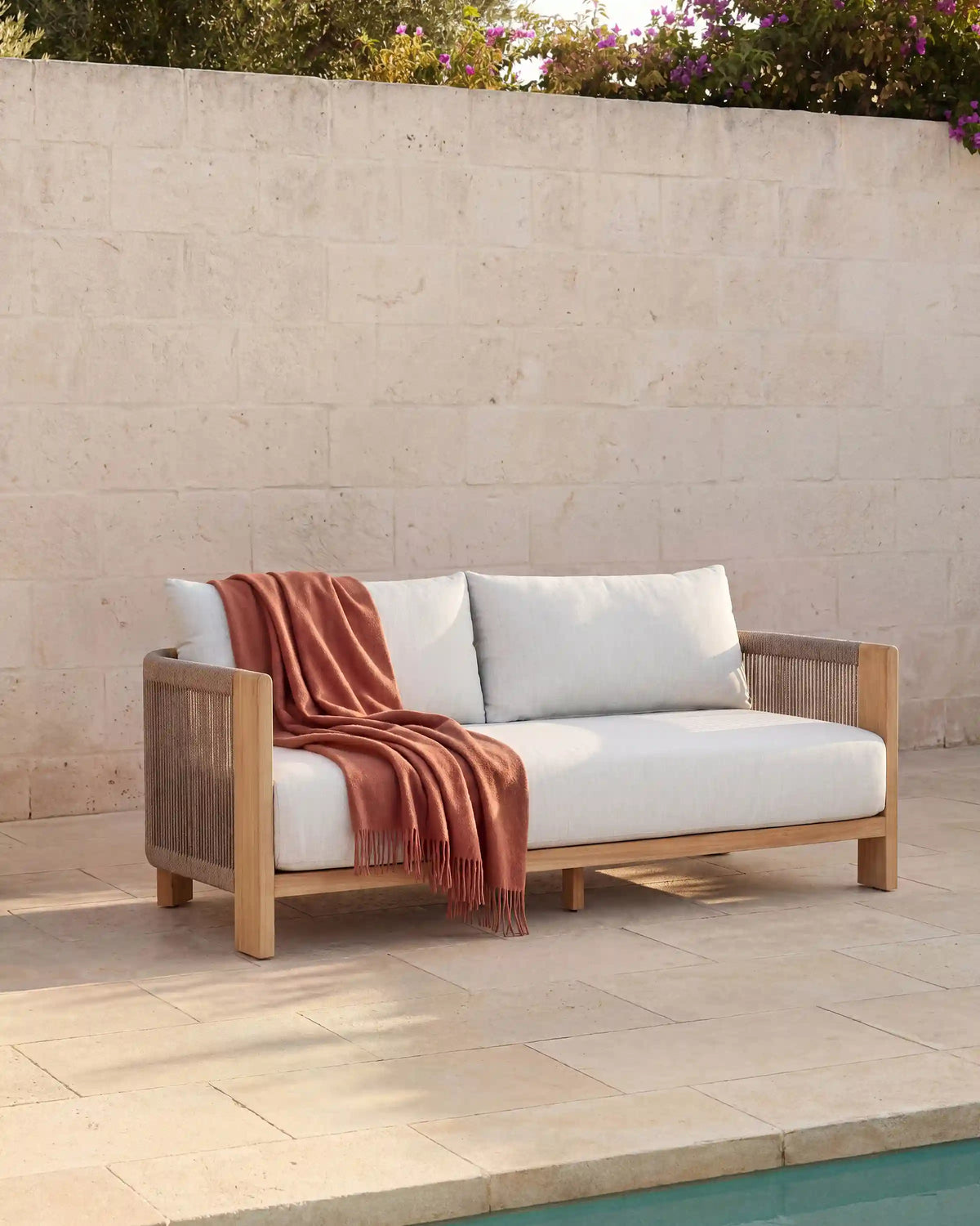 Curved Solid Teak and All-Weather Rope Outdoor Sofa