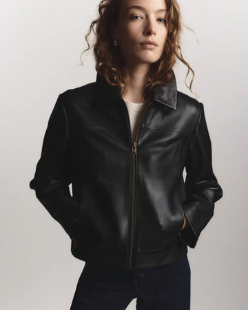 100% Leather Cropped Zip-Front Jacket