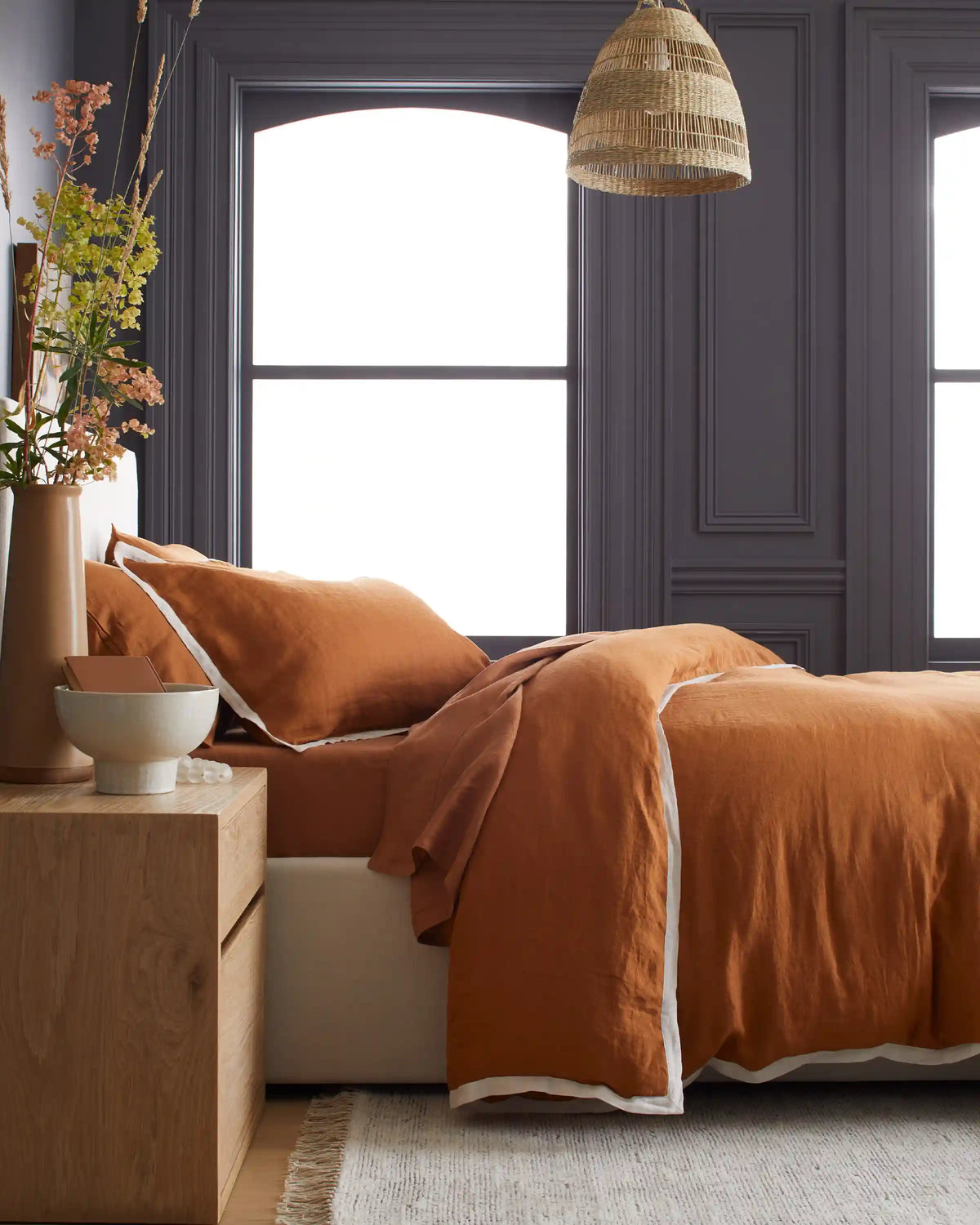 European Linen Contrast Flange Duvet Cover Set