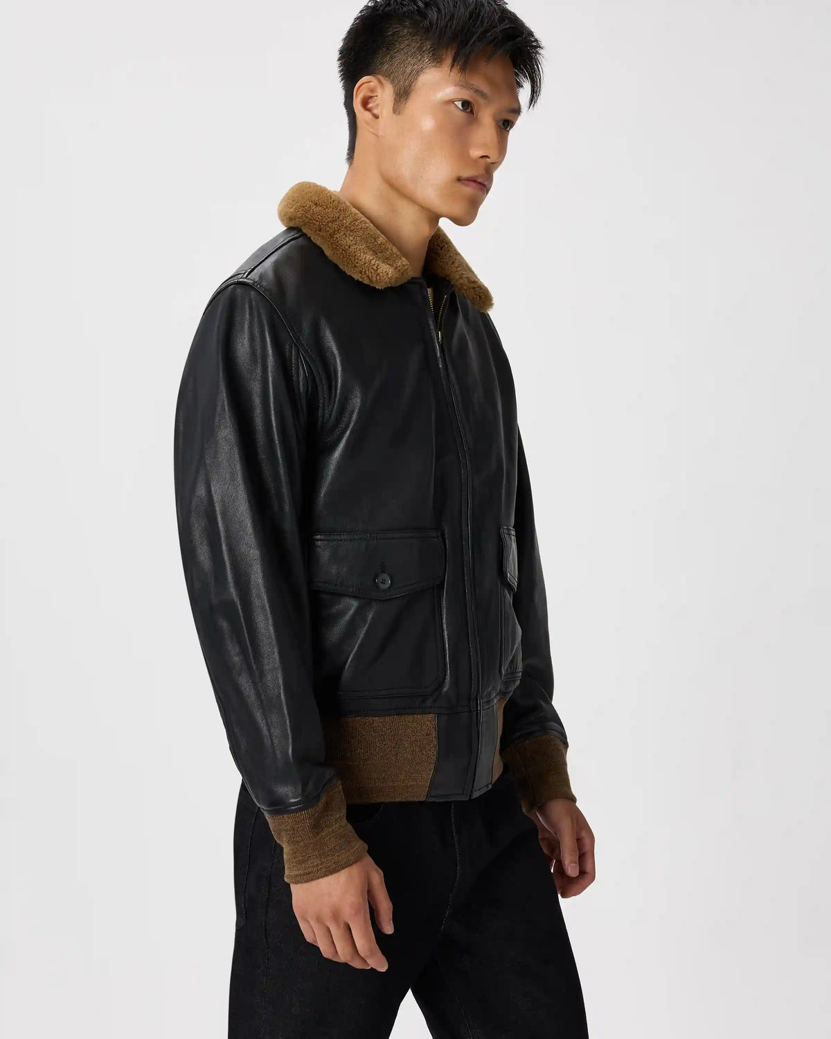 Shearling Collar Leather Flight Jacket
