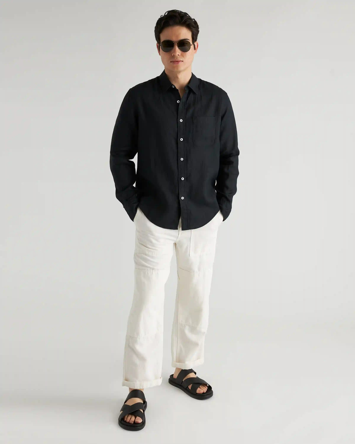 100% European Linen Relaxed Long Sleeve Pocket Shirt