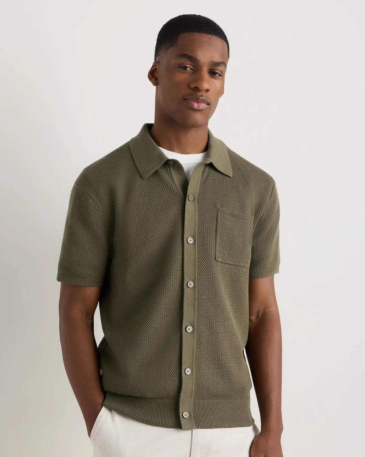 100% Organic Cotton Mesh-Stitch Button-Up Sweater Polo