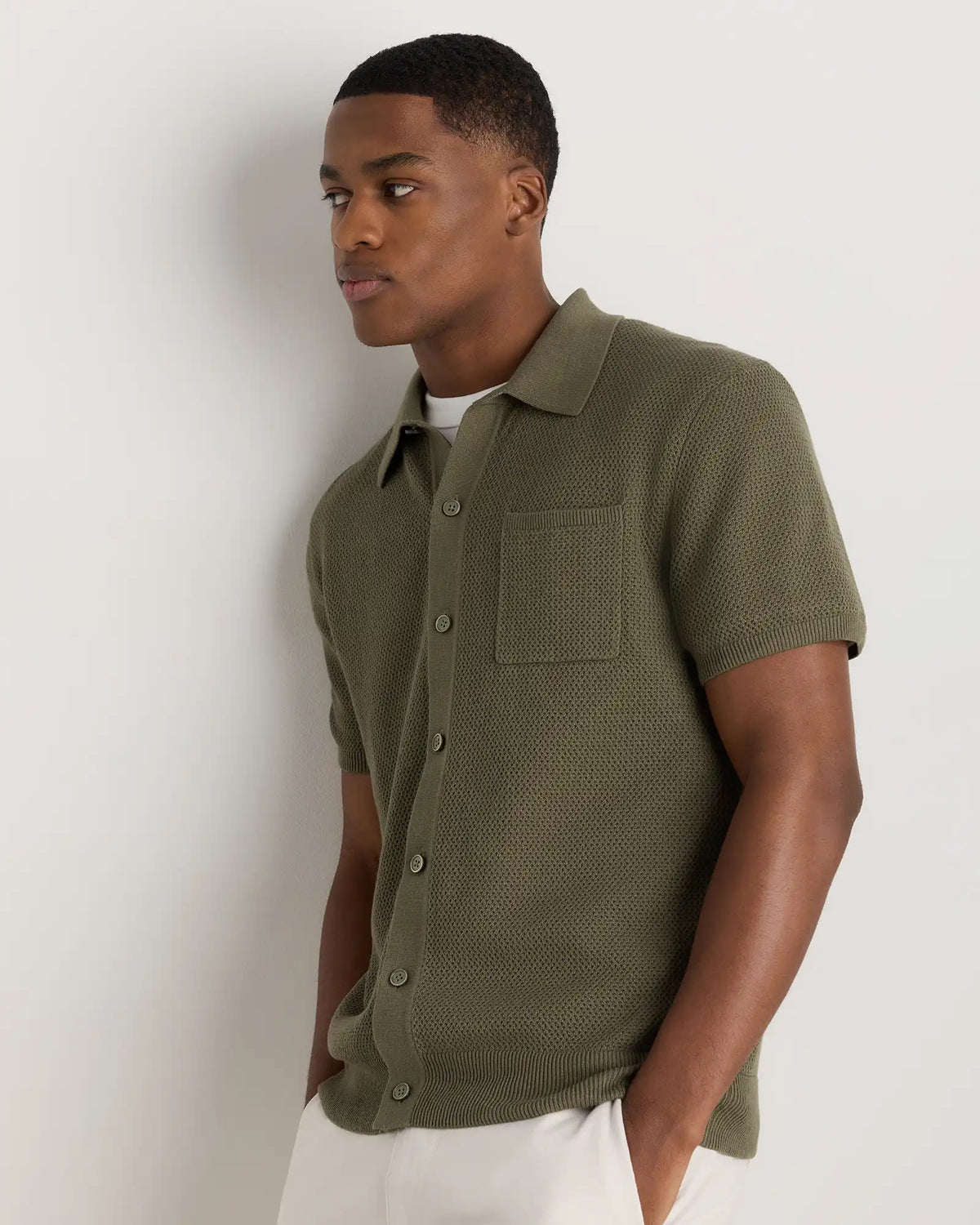 100% Organic Cotton Mesh-Stitch Button-Up Sweater Polo