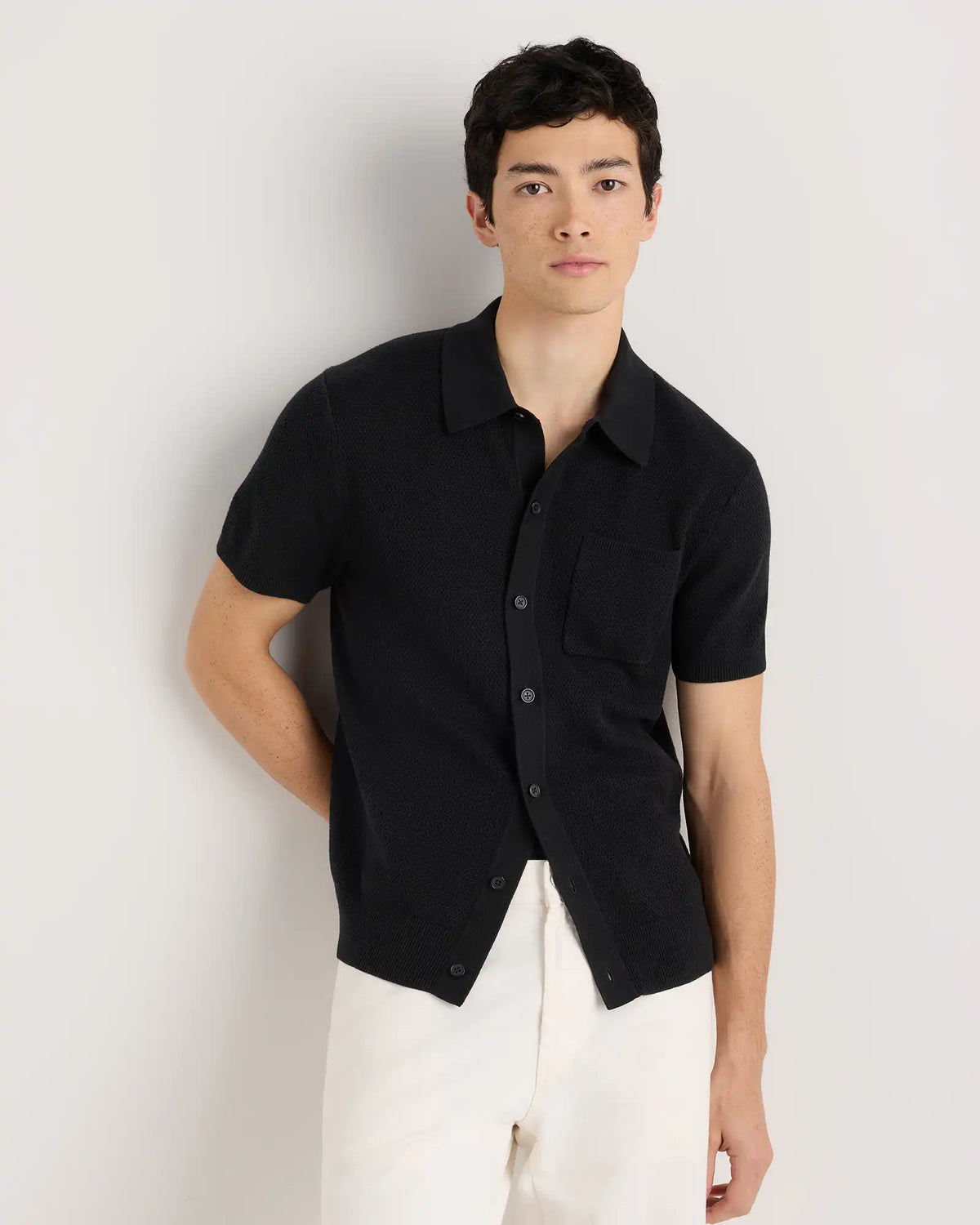 100% Organic Cotton Mesh-Stitch Button-Up Sweater Polo