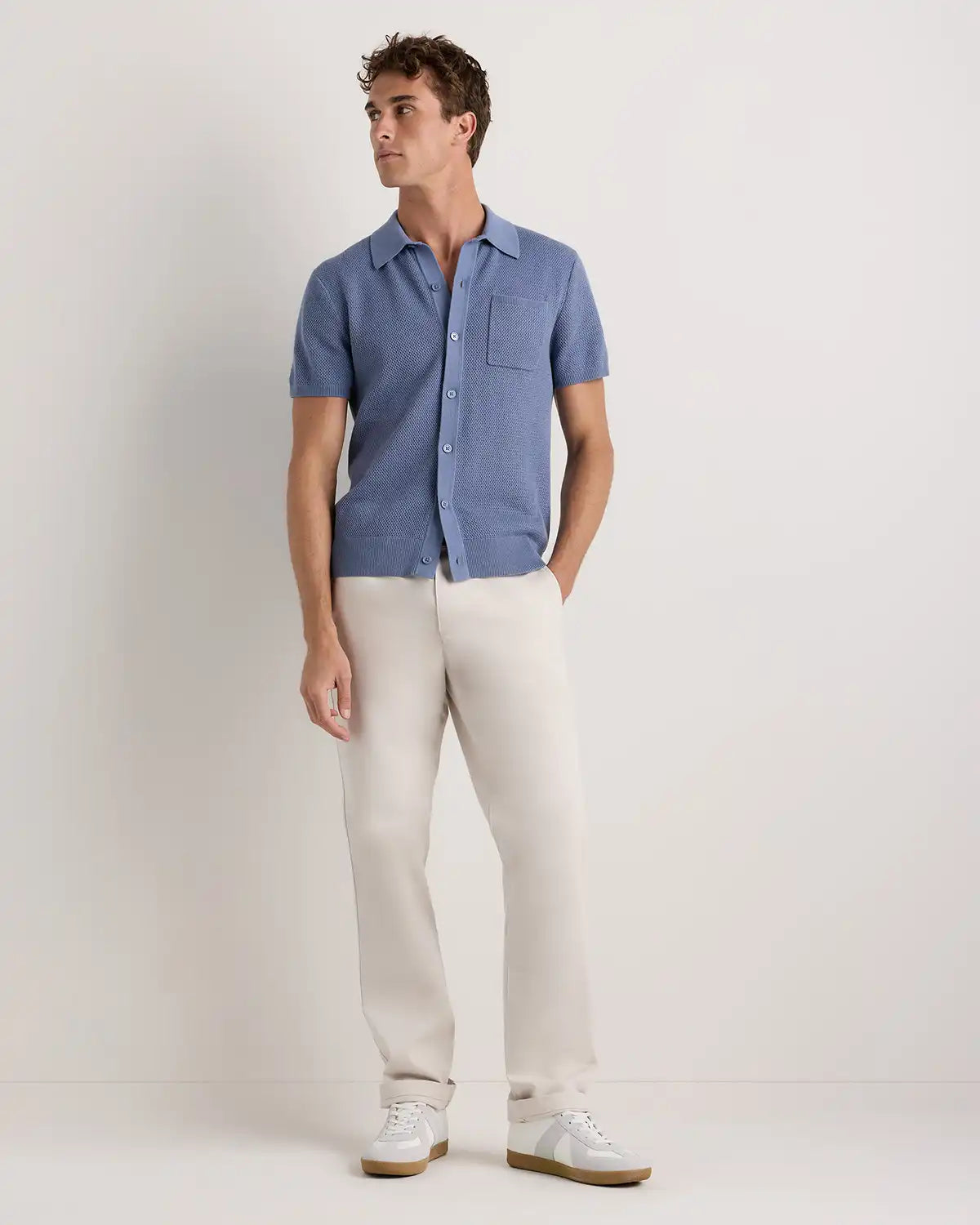 100% Organic Cotton Mesh-Stitch Button-Up Sweater Polo