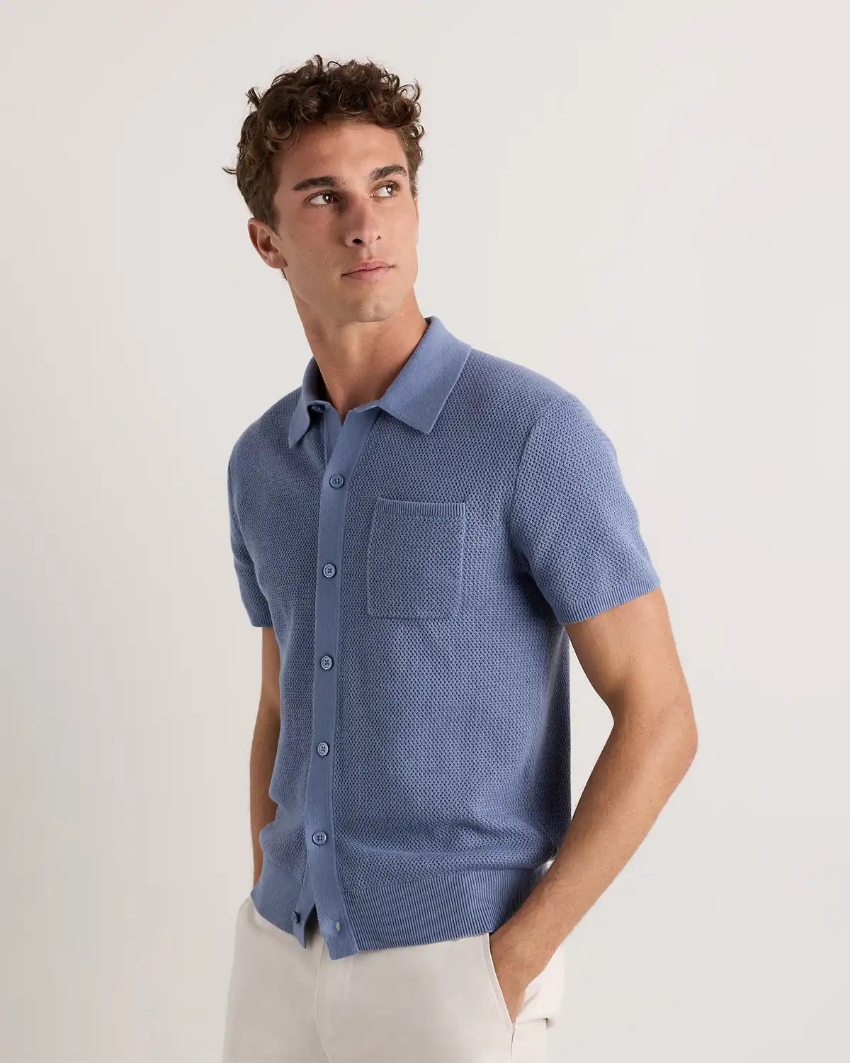 100% Organic Cotton Mesh-Stitch Button-Up Sweater Polo
