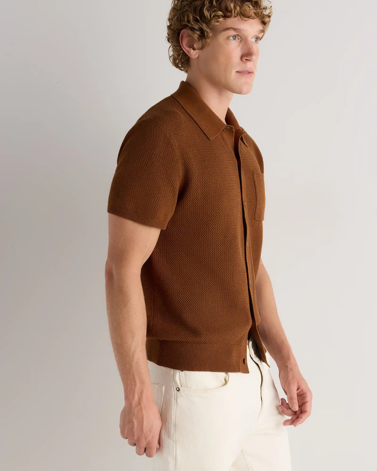 100% Organic Cotton Mesh-Stitch Button-Up Sweater Polo