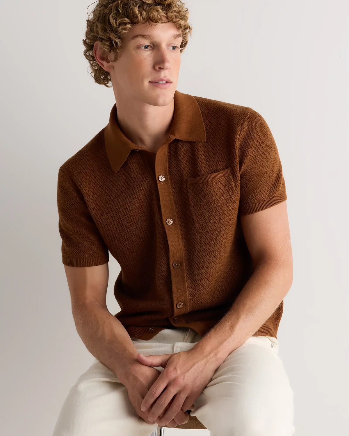 100% Organic Cotton Mesh-Stitch Button-Up Sweater Polo