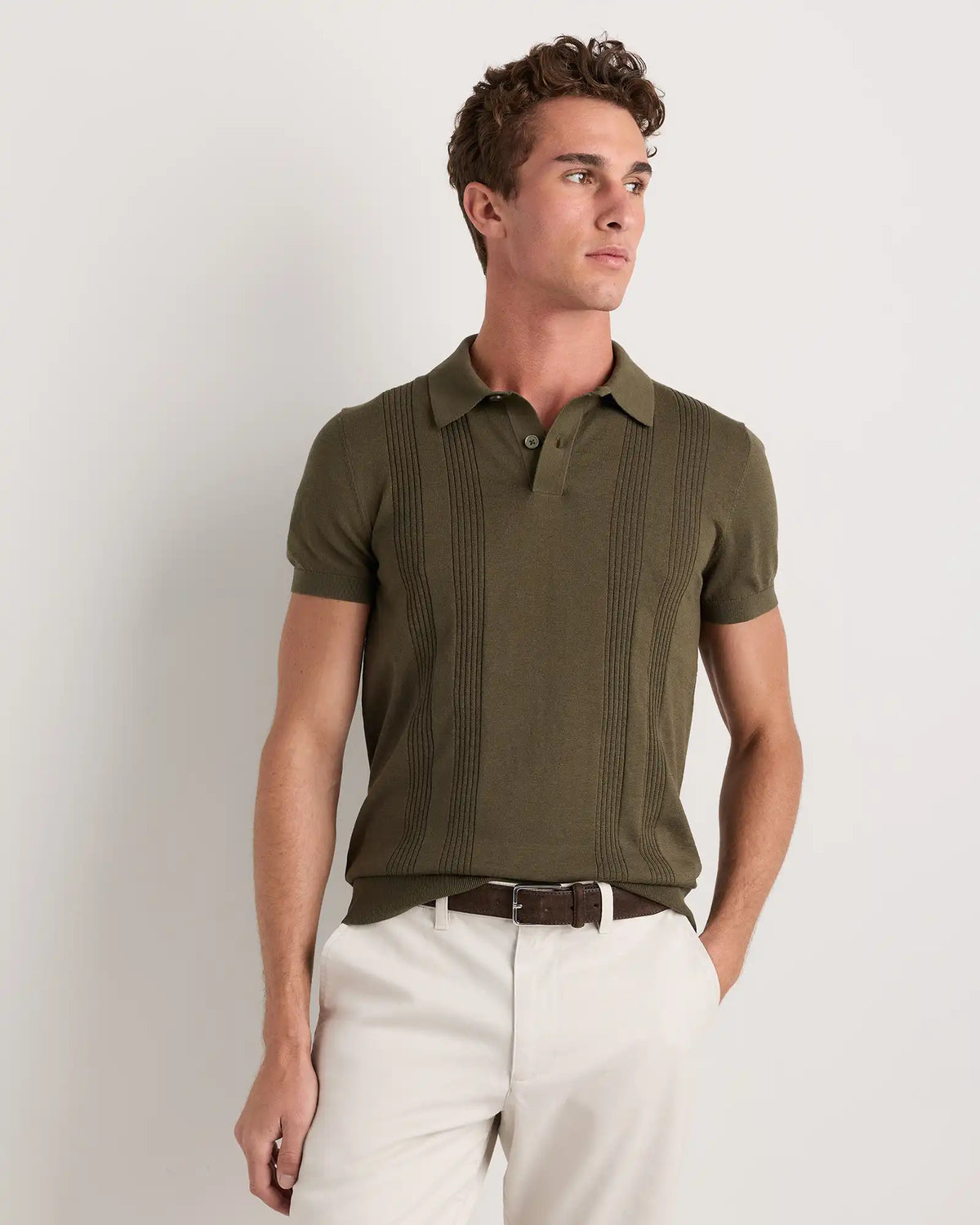 Cotton-Silk Ribbed Short Sleeve Sweater Polo