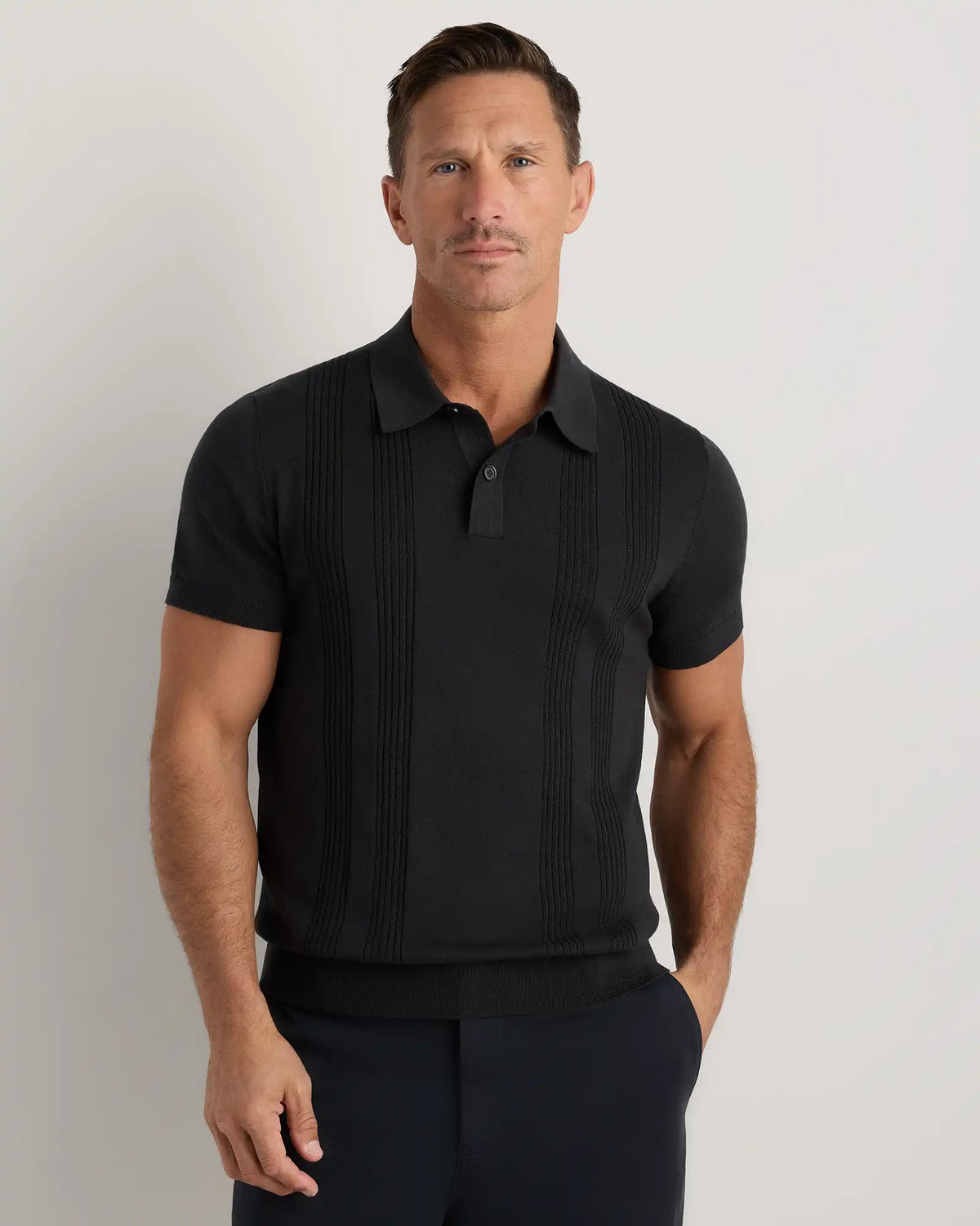Cotton-Silk Ribbed Short Sleeve Sweater Polo