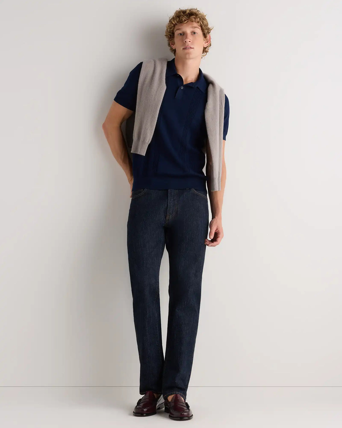 Cotton-Silk Ribbed Short Sleeve Sweater Polo