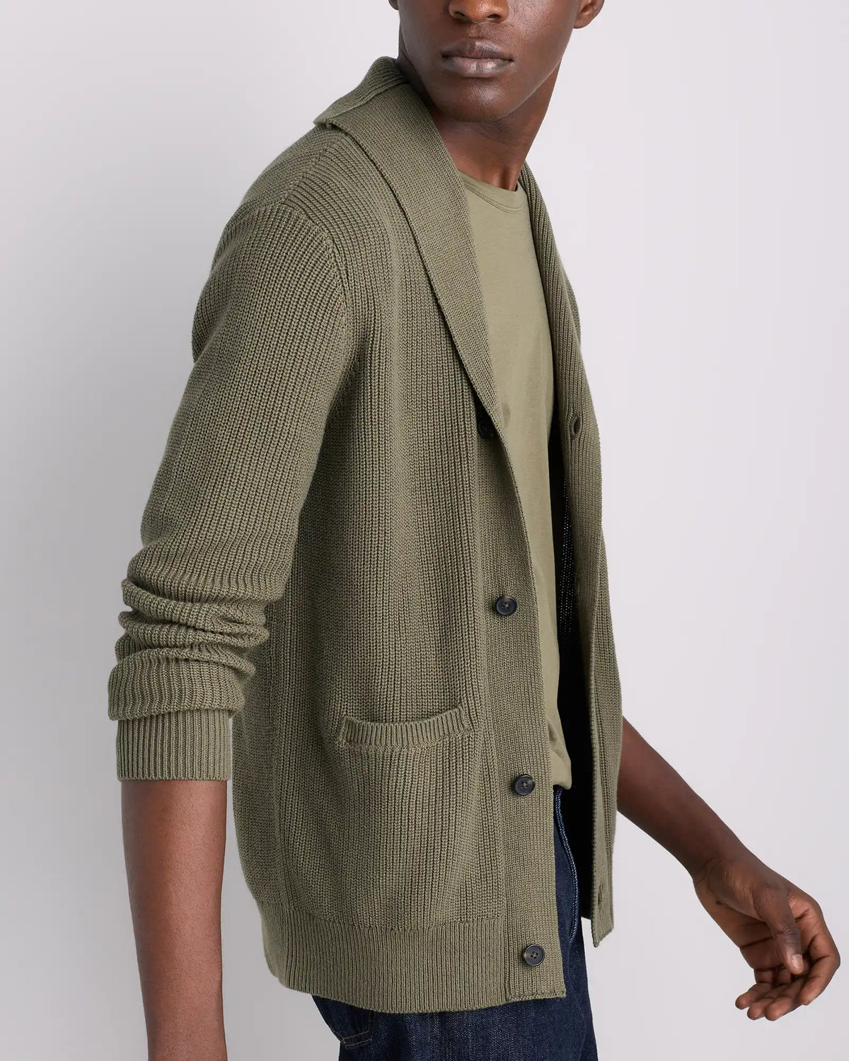 100% Organic Cotton Ribbed Shawl-Collar Cardigan Sweater