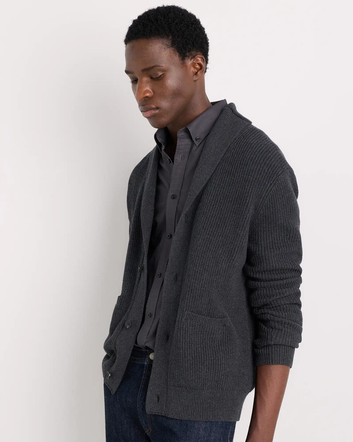 100% Organic Cotton Ribbed Shawl-Collar Cardigan Sweater