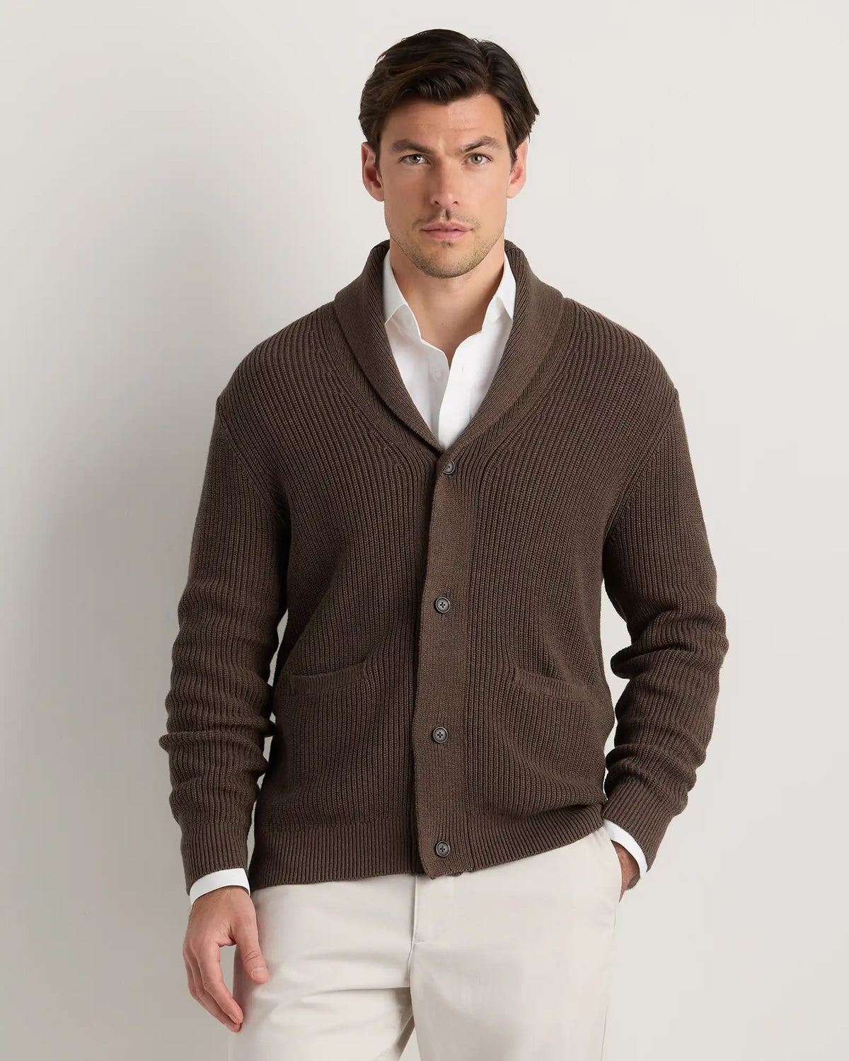 100% Organic Cotton Ribbed Shawl-Collar Cardigan Sweater