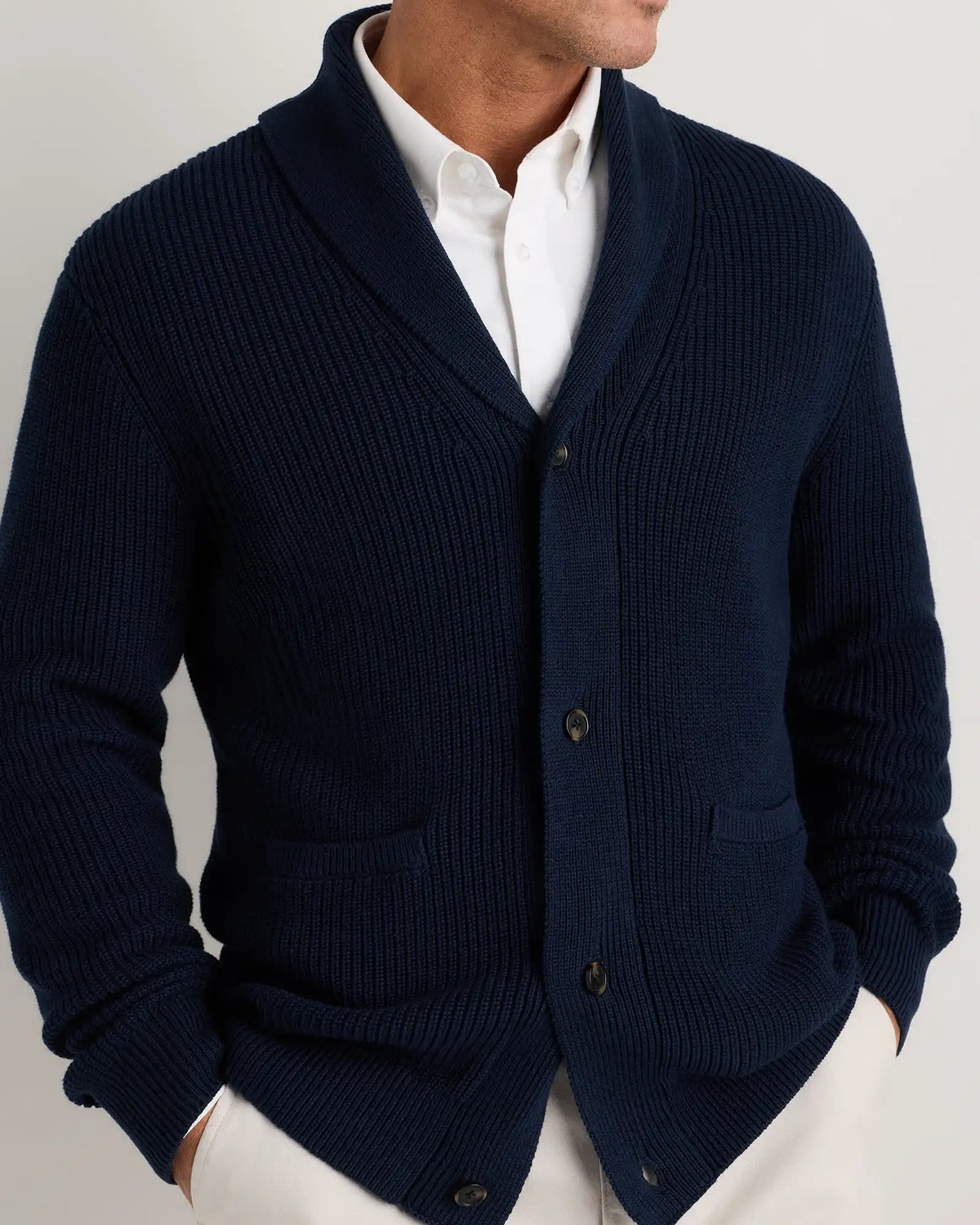 100% Organic Cotton Ribbed Shawl-Collar Cardigan Sweater