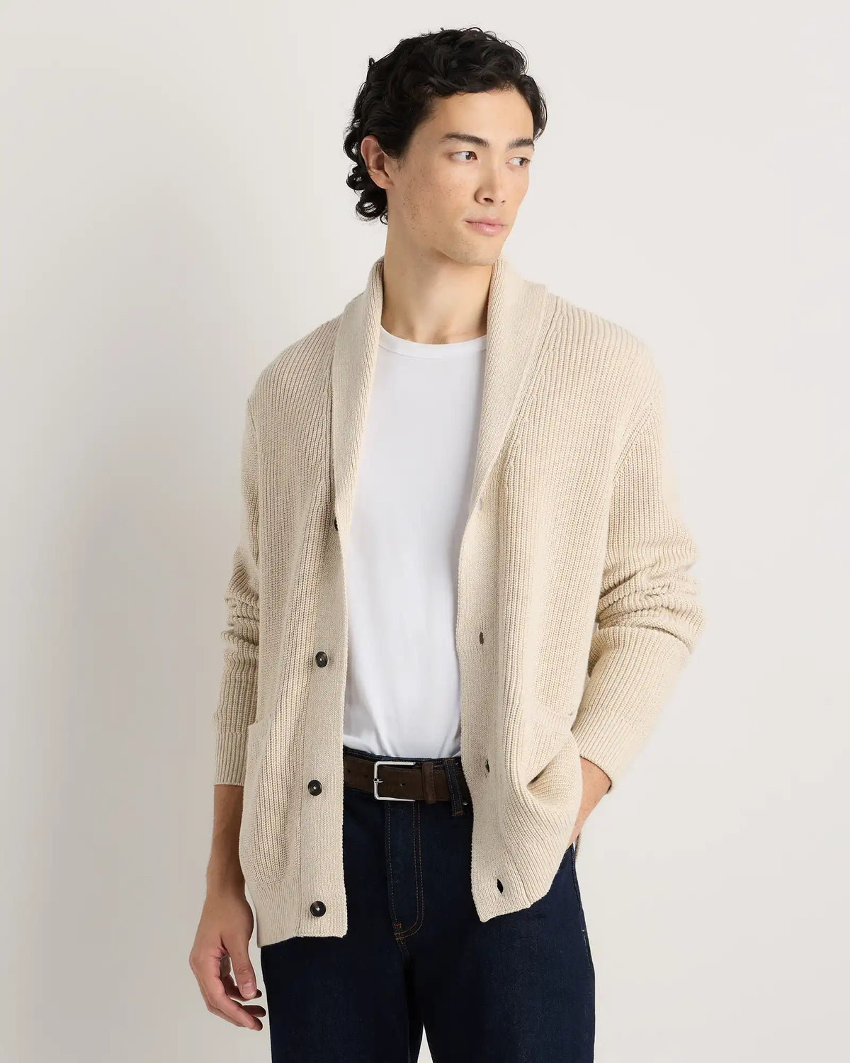 100% Organic Cotton Ribbed Shawl-Collar Cardigan Sweater