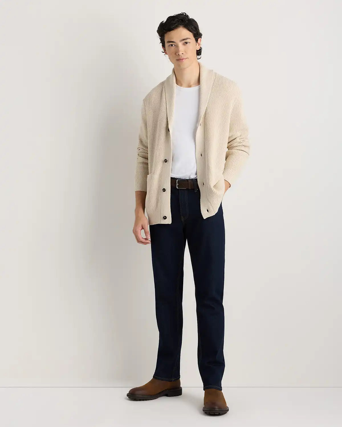 100% Organic Cotton Ribbed Shawl-Collar Cardigan Sweater