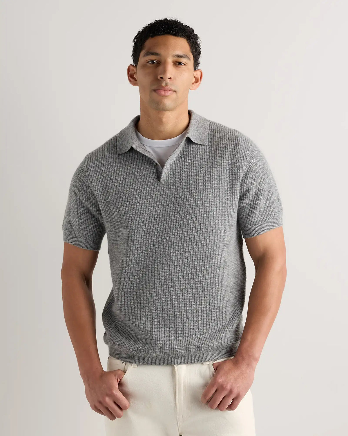 Mongolian Cashmere Waffle Short Sleeve Polo Sweater
