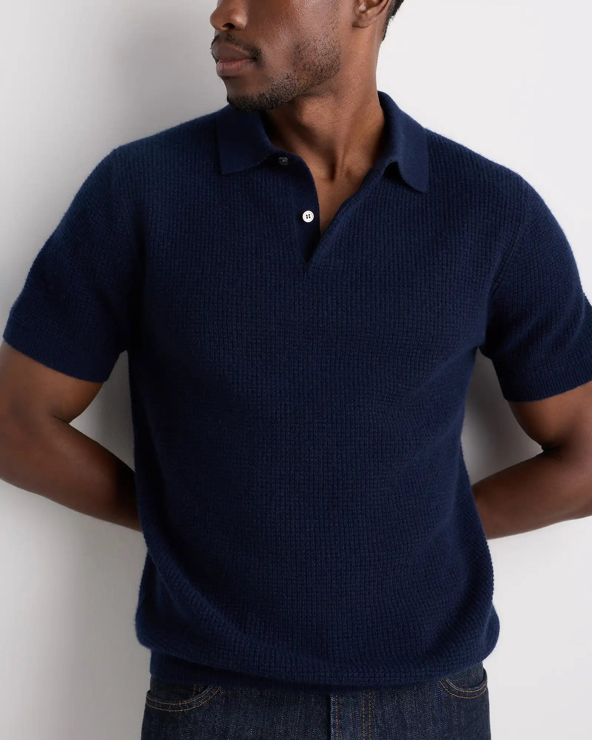 Mongolian Cashmere Waffle Short Sleeve Polo Sweater