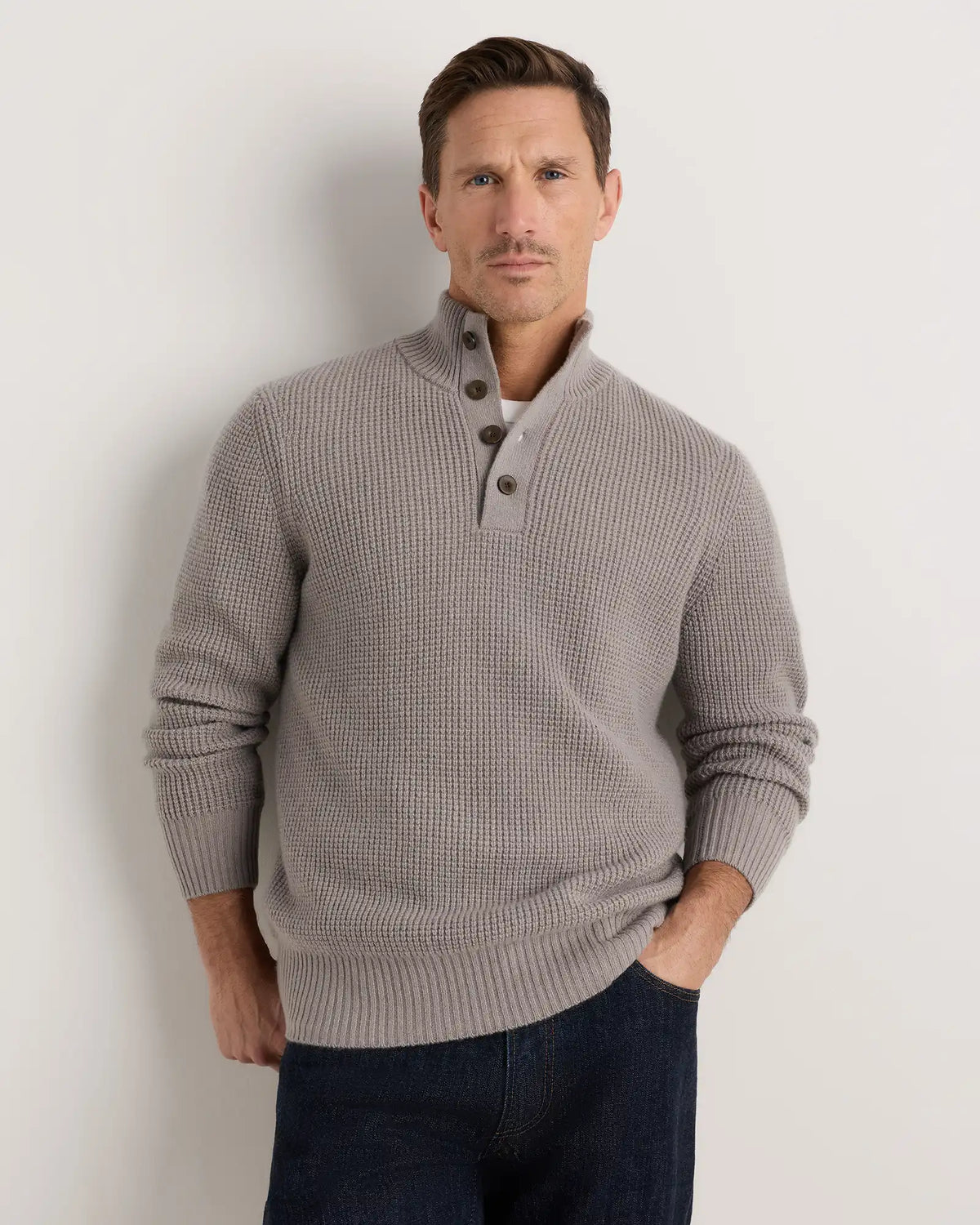 Mongolian Cashmere Waffle Quarter Button Sweater