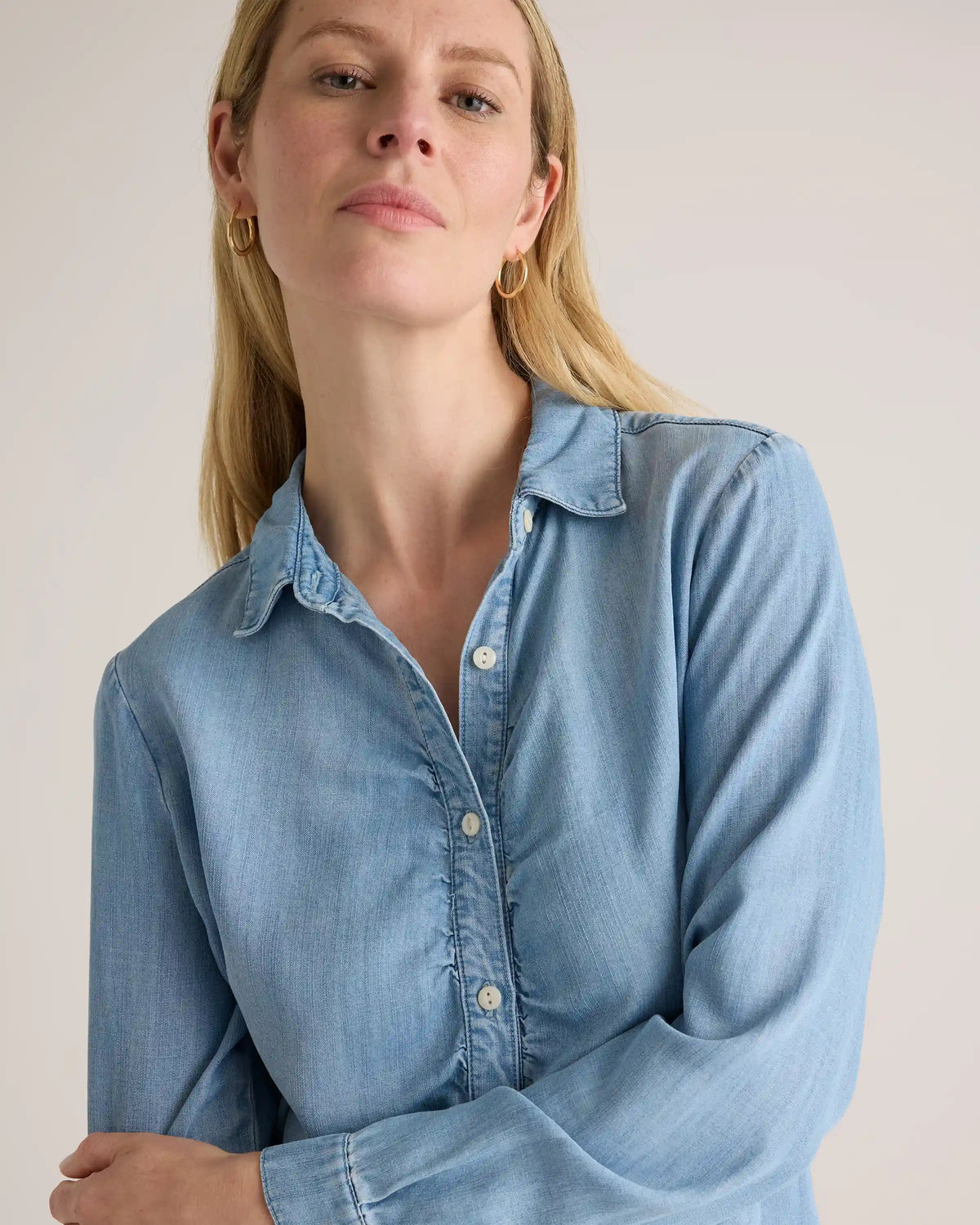 Chambray Tencel Shirred Long Sleeve Shirt