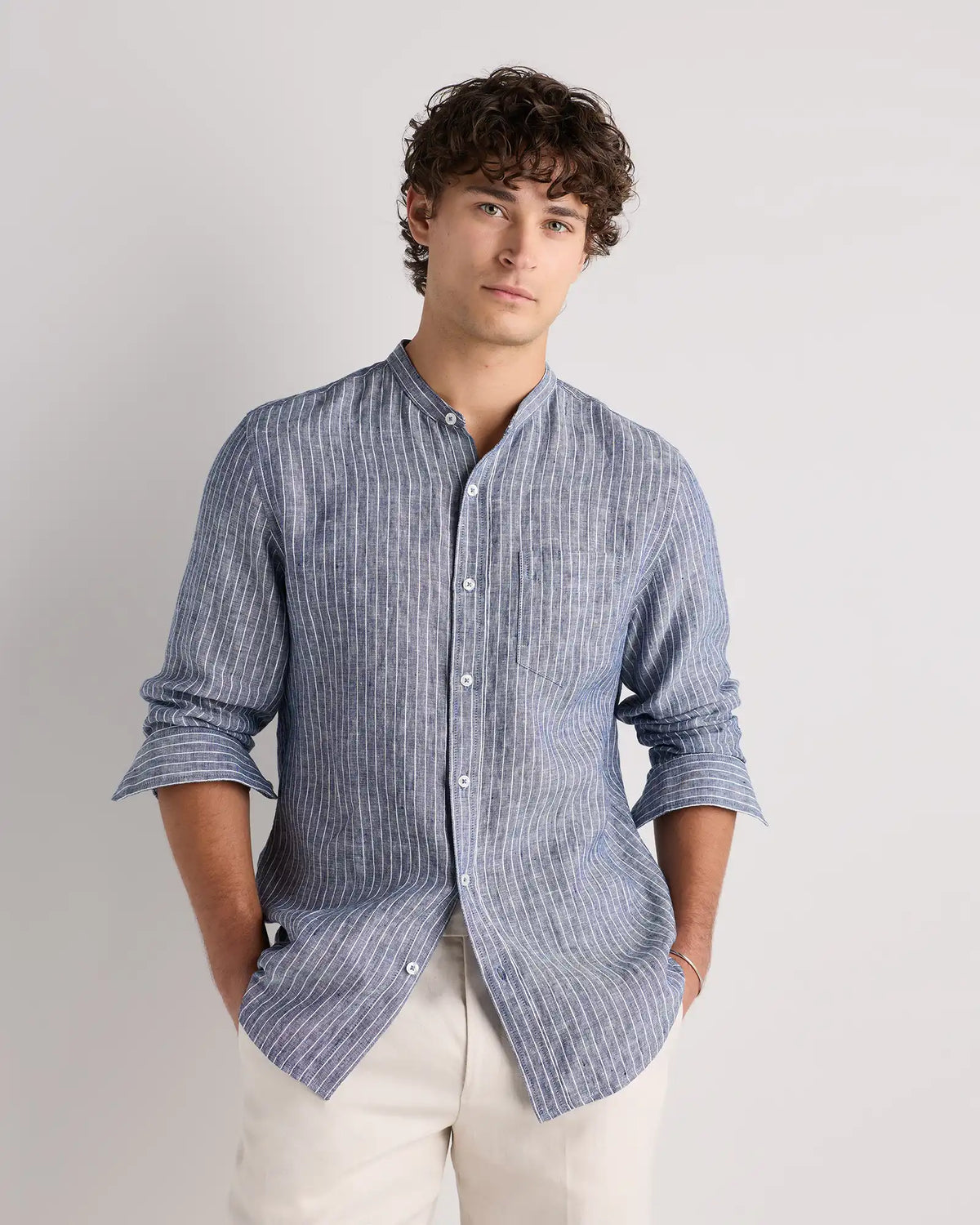 100% European Linen Relaxed Band Collar Shirt