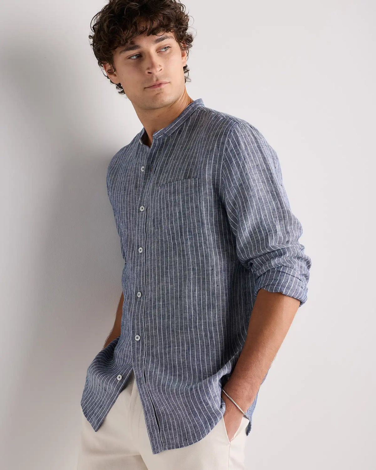 100% European Linen Relaxed Band Collar Shirt