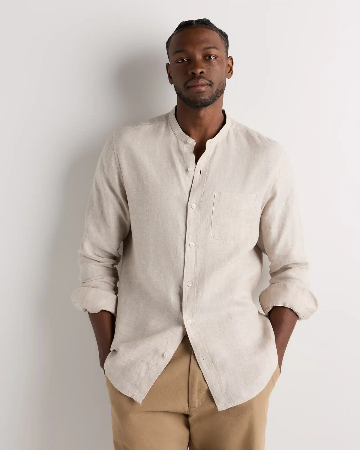 100% European Linen Relaxed Band Collar Shirt