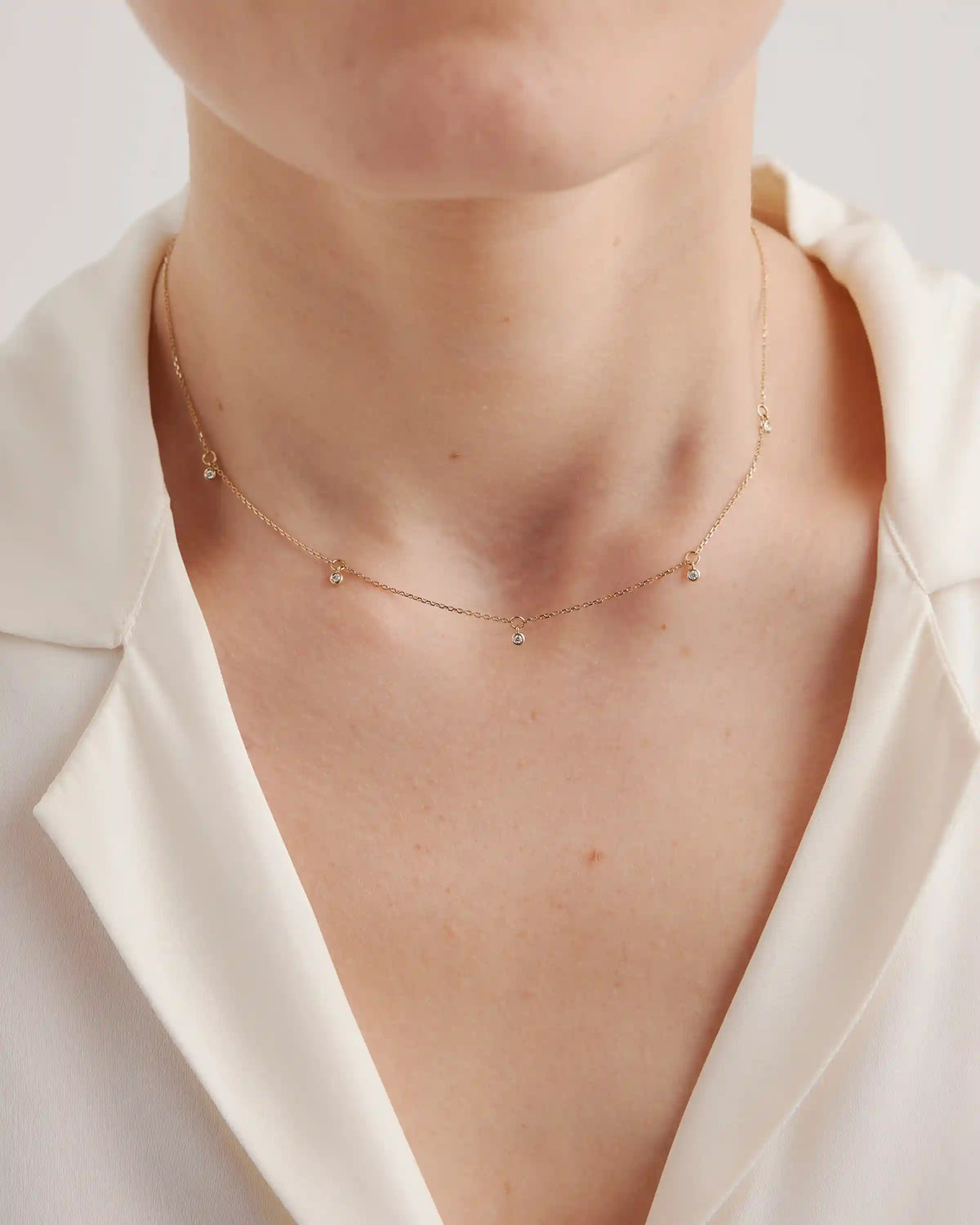 14K Gold Diamond Dangle Bezel Station Necklace