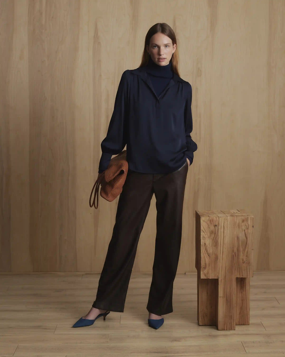Washable Stretch Silk Split Neck Blouse