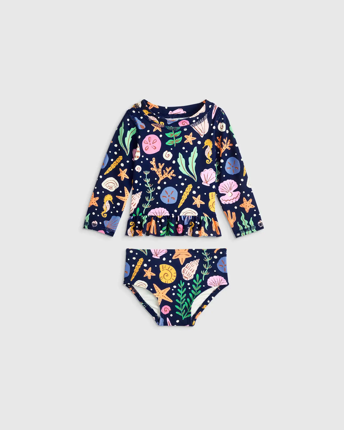 Long Sleeve Ruffle Rash Guard Two-Piece Swimsuit