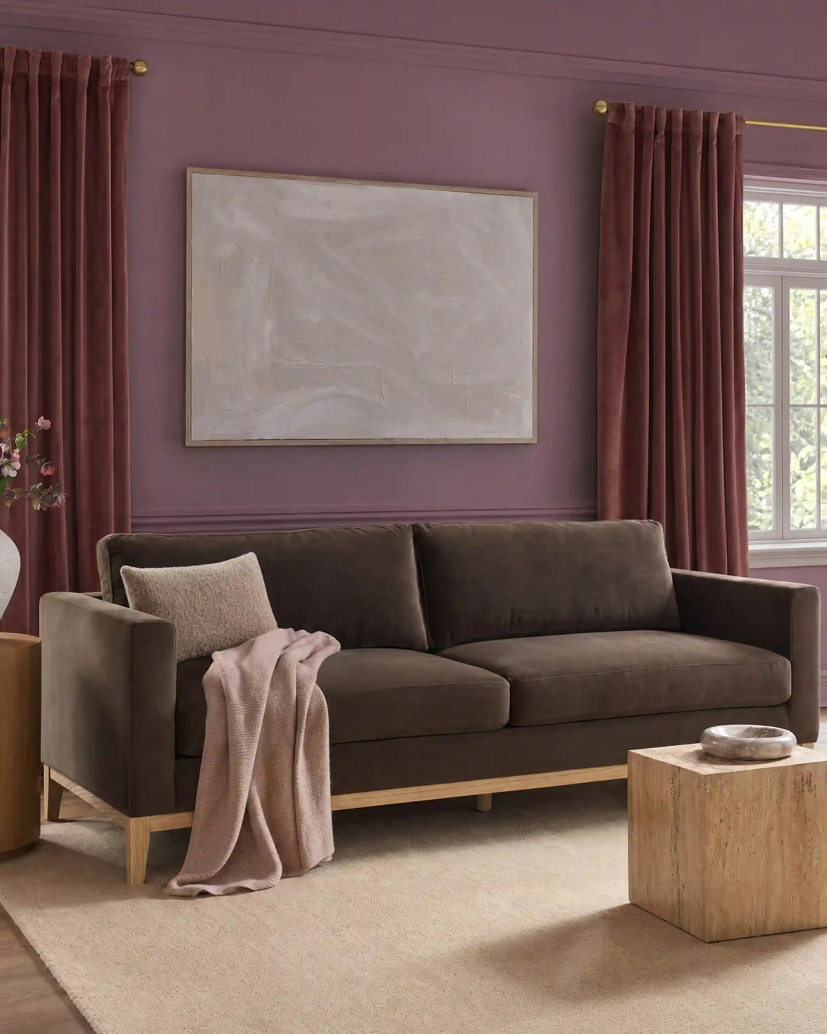 Performance Velvet Sofa with Solid Oak Base