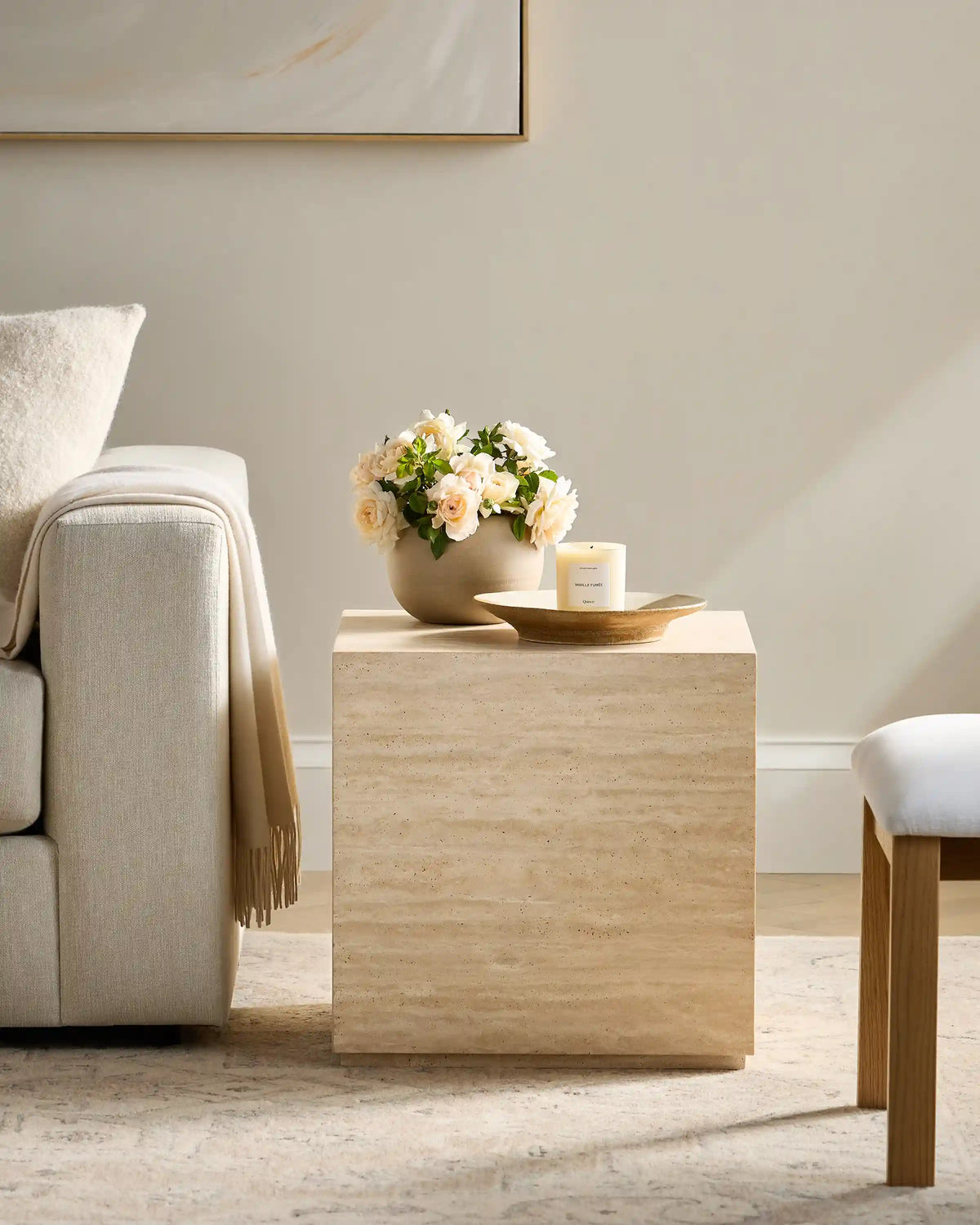 Travertine Plinth End Table