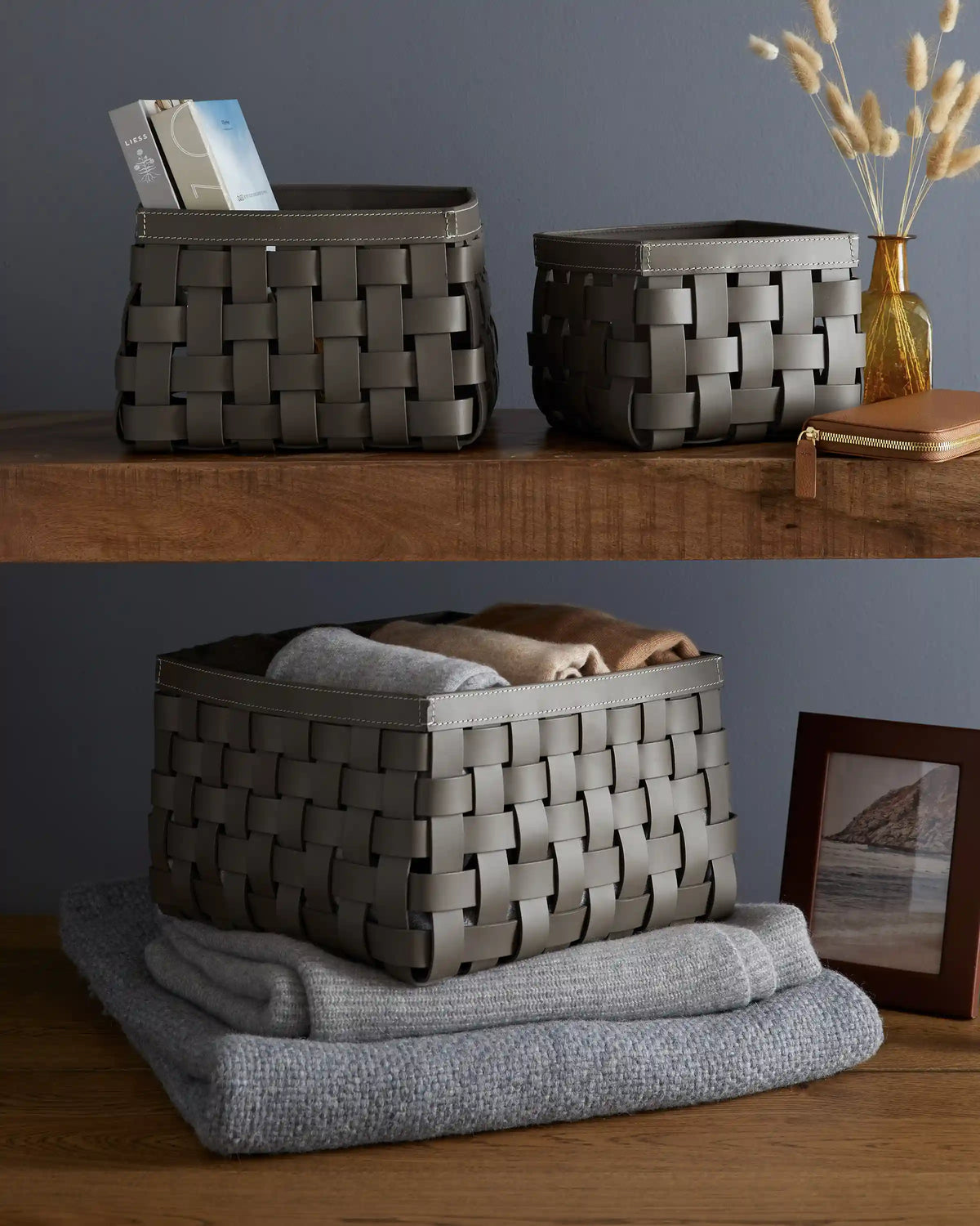 Recycled Woven Leather Baskets (set of 3)