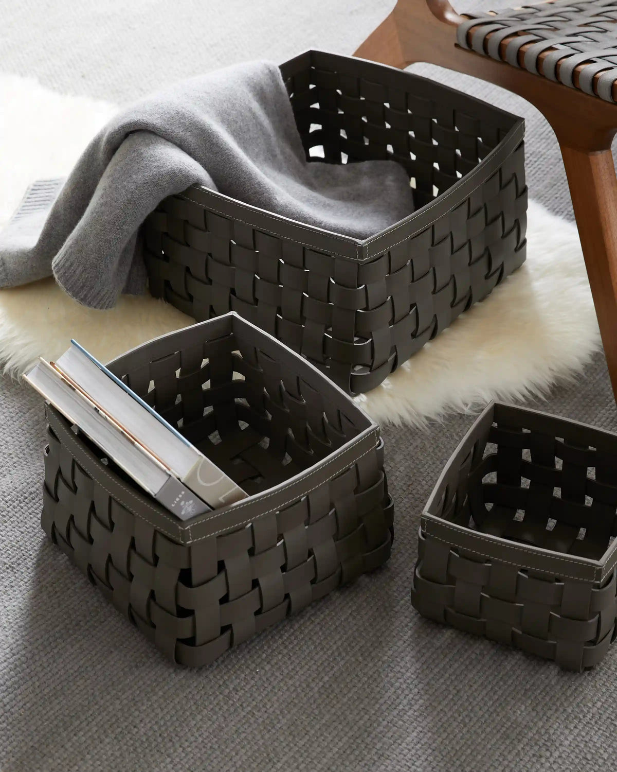 Recycled Woven Leather Baskets (set of 3)