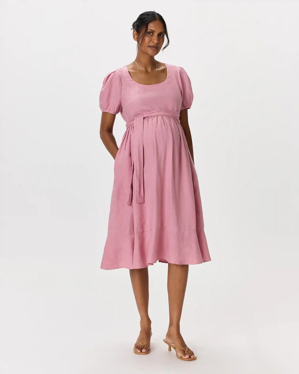 100% European Linen Maternity Short Sleeve Midi Dress
