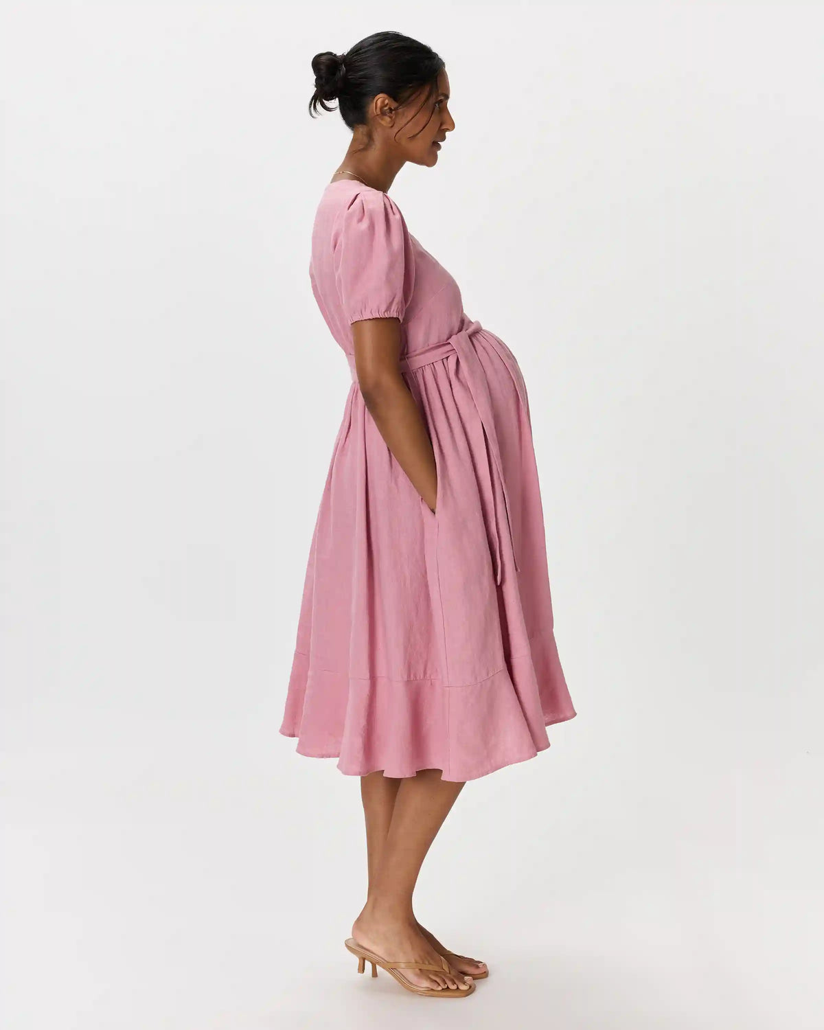 100% European Linen Maternity Short Sleeve Midi Dress