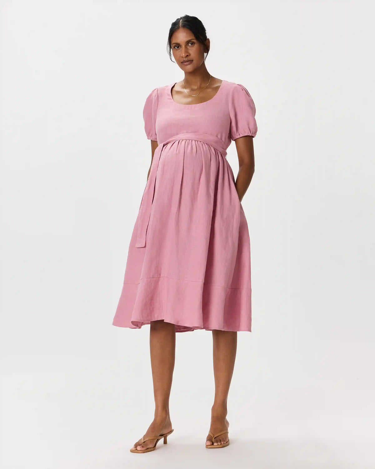 100% European Linen Maternity Short Sleeve Midi Dress