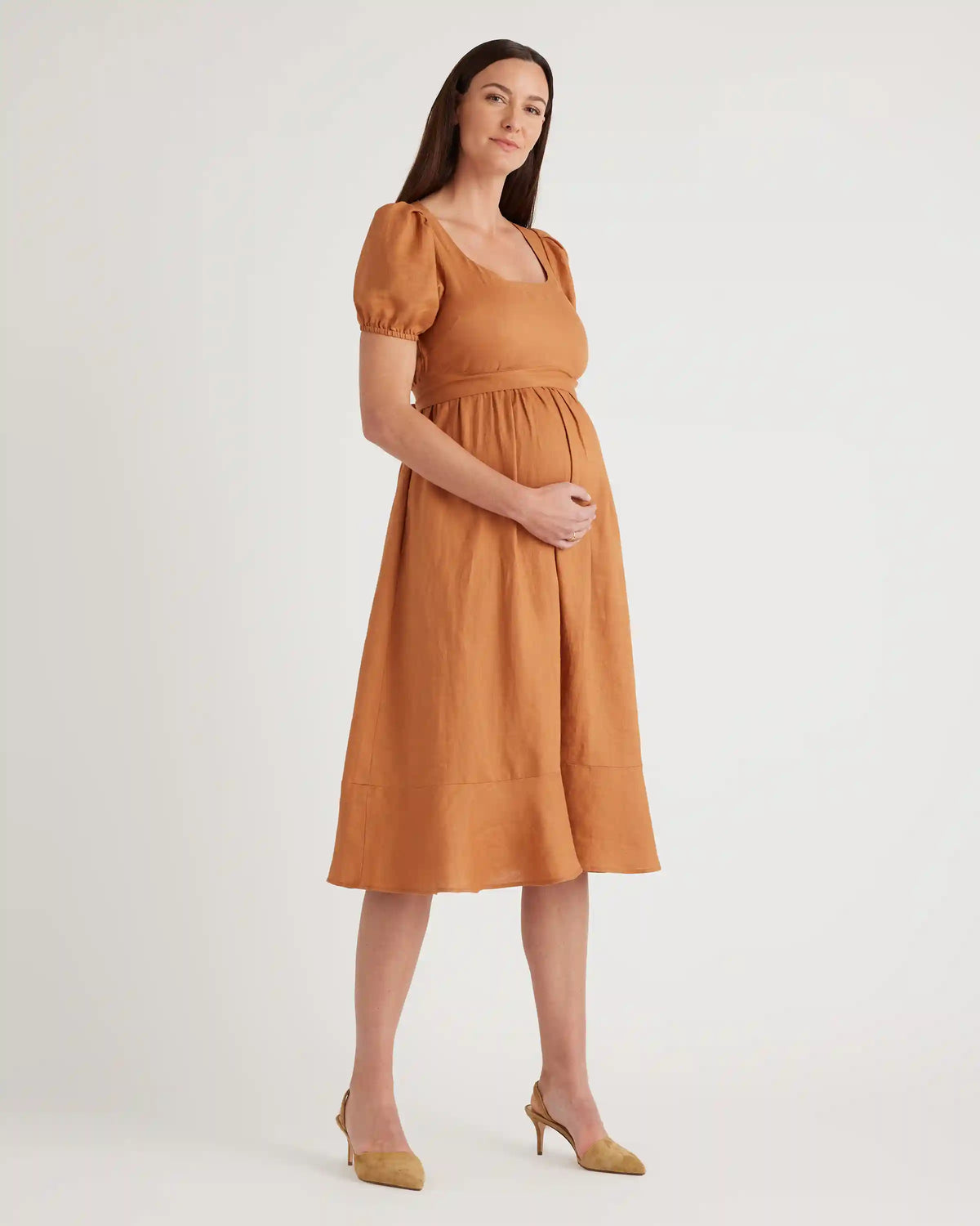 100% European Linen Maternity Short Sleeve Midi Dress