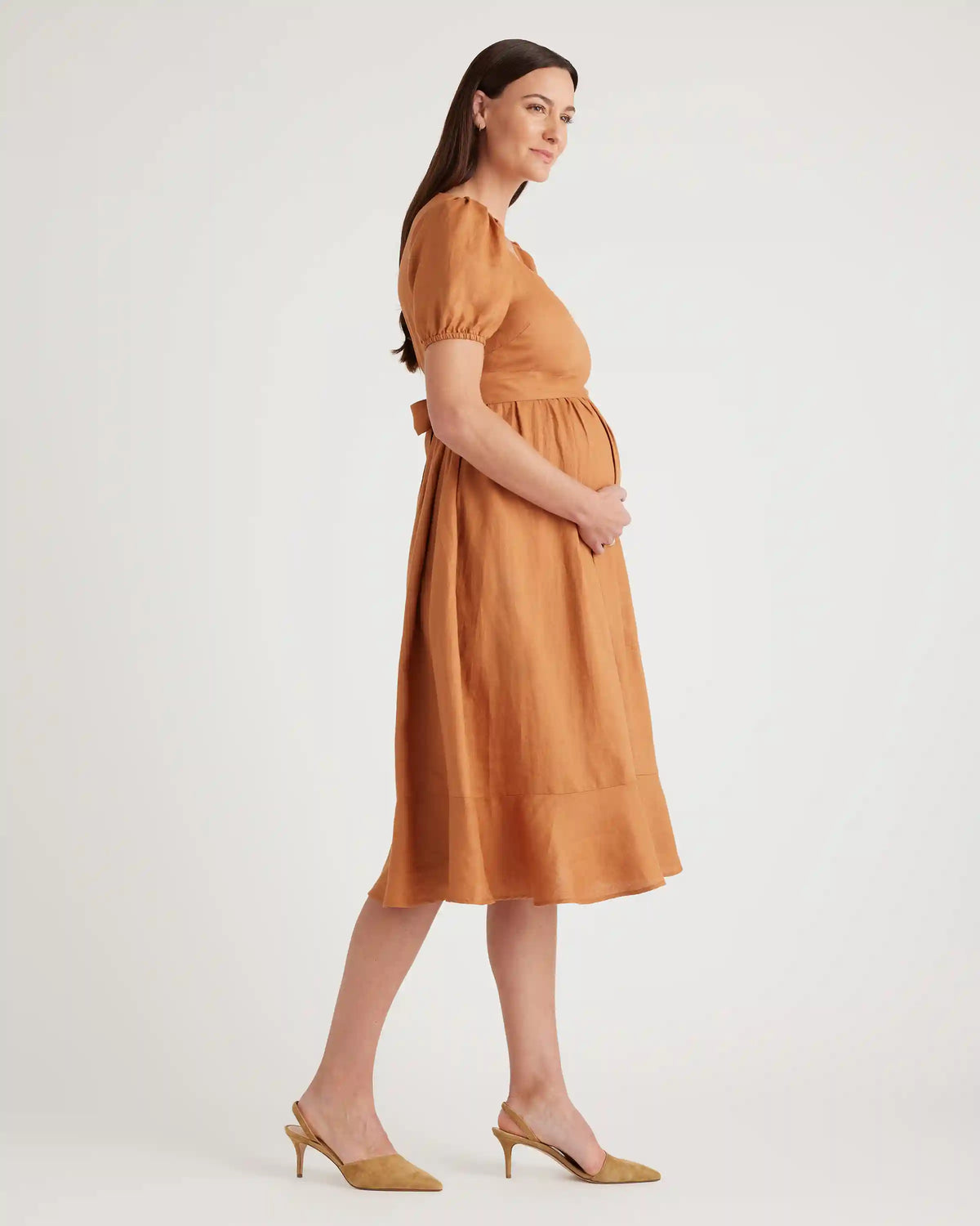 100% European Linen Maternity Short Sleeve Midi Dress