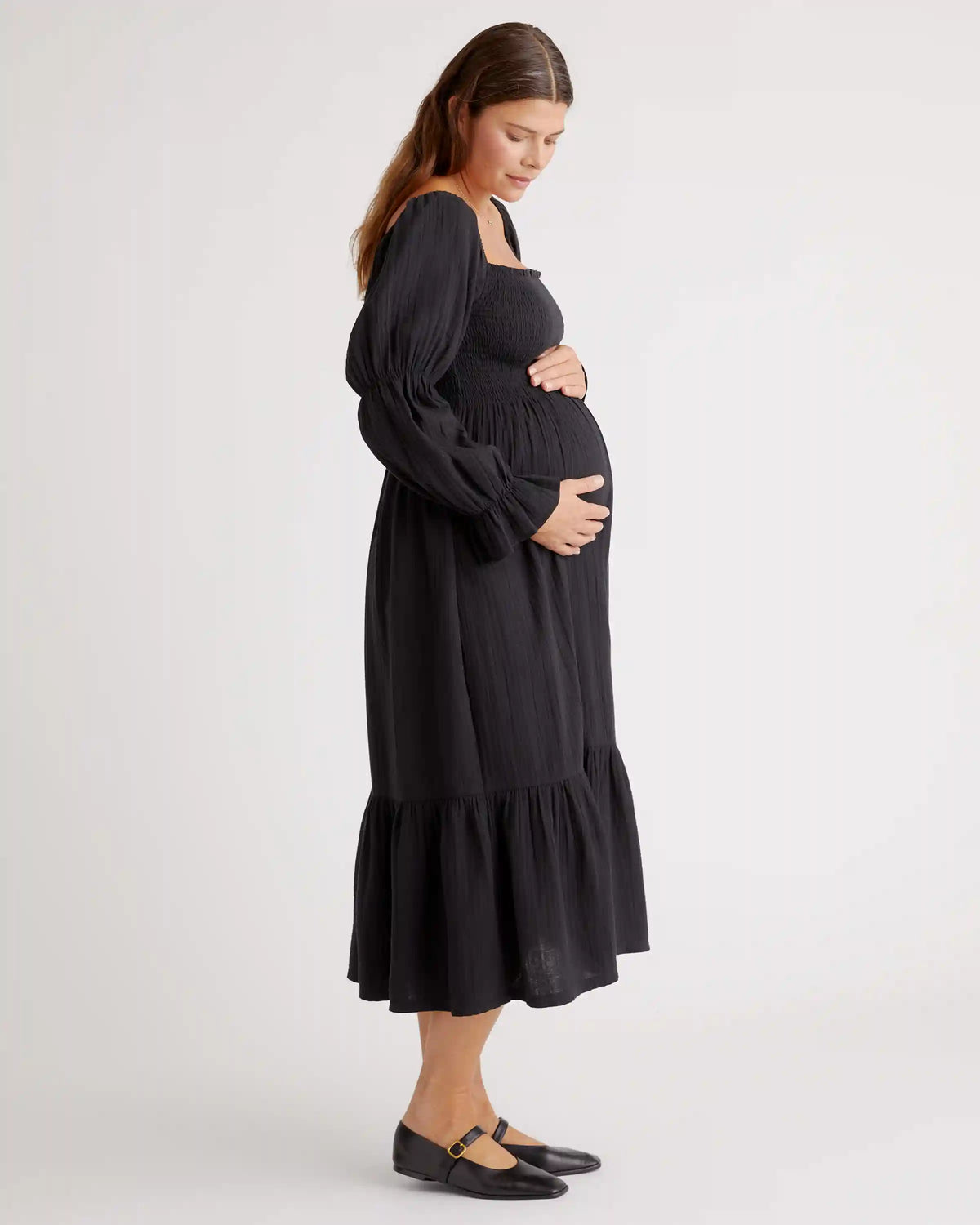 100% Organic Cotton Gauze Maternity Smocked Midi Dress