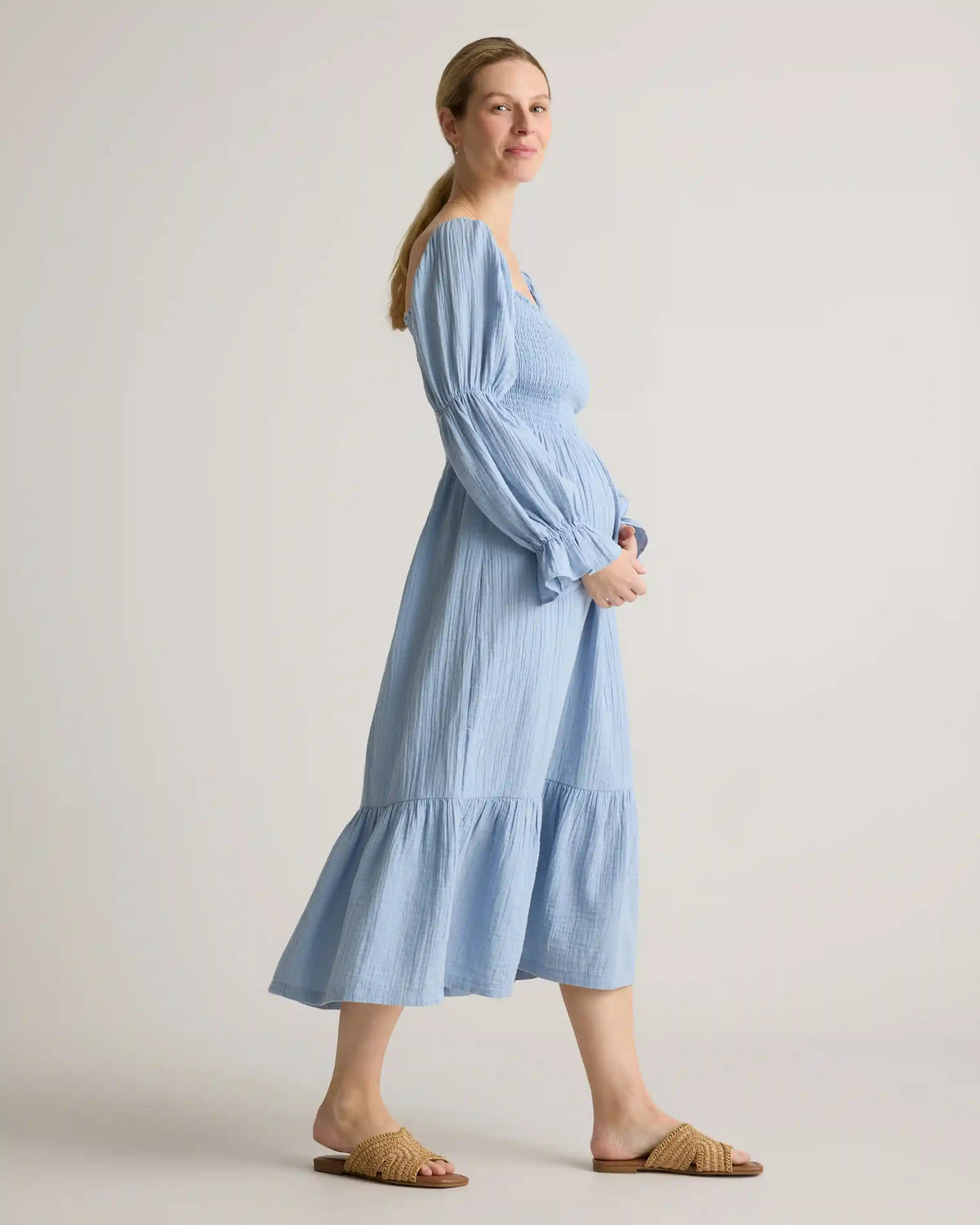 100% Organic Cotton Gauze Maternity Smocked Midi Dress