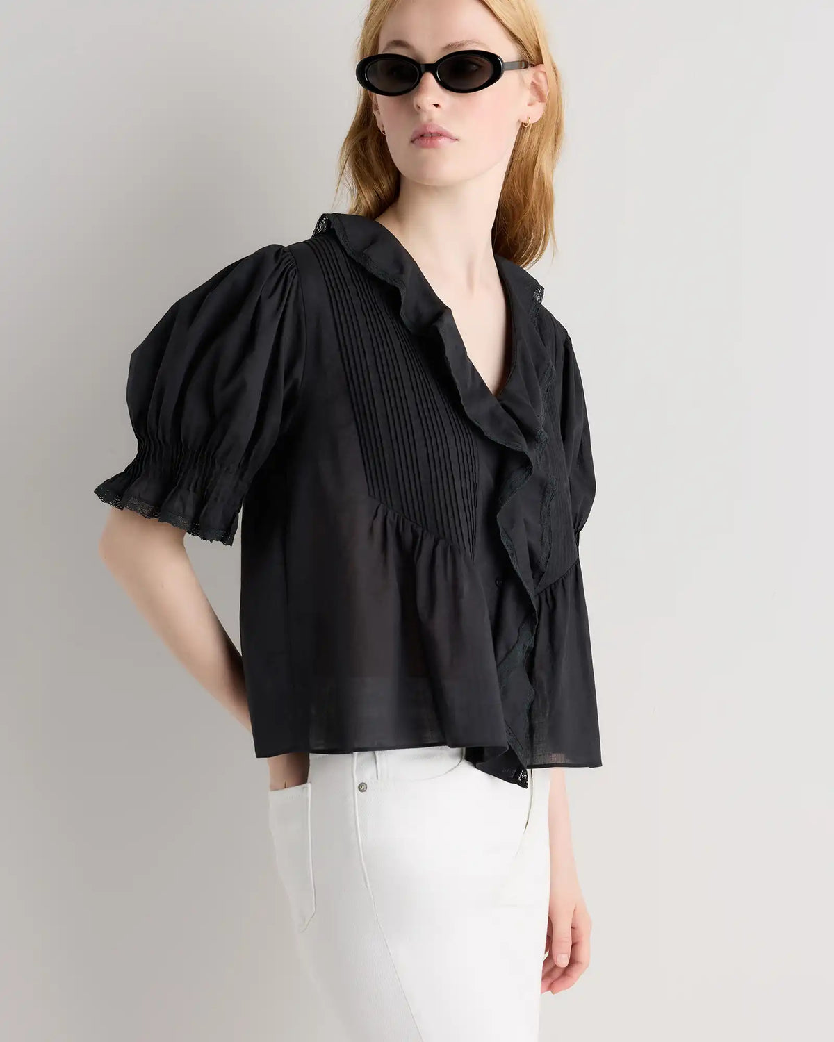 Organic Cotton Voile Short Sleeve Peasant Blouse