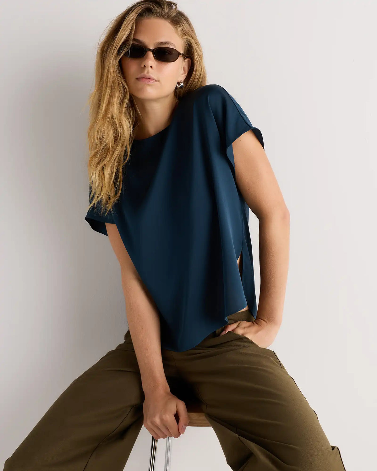 Washable Stretch Silk Split Hem Tee