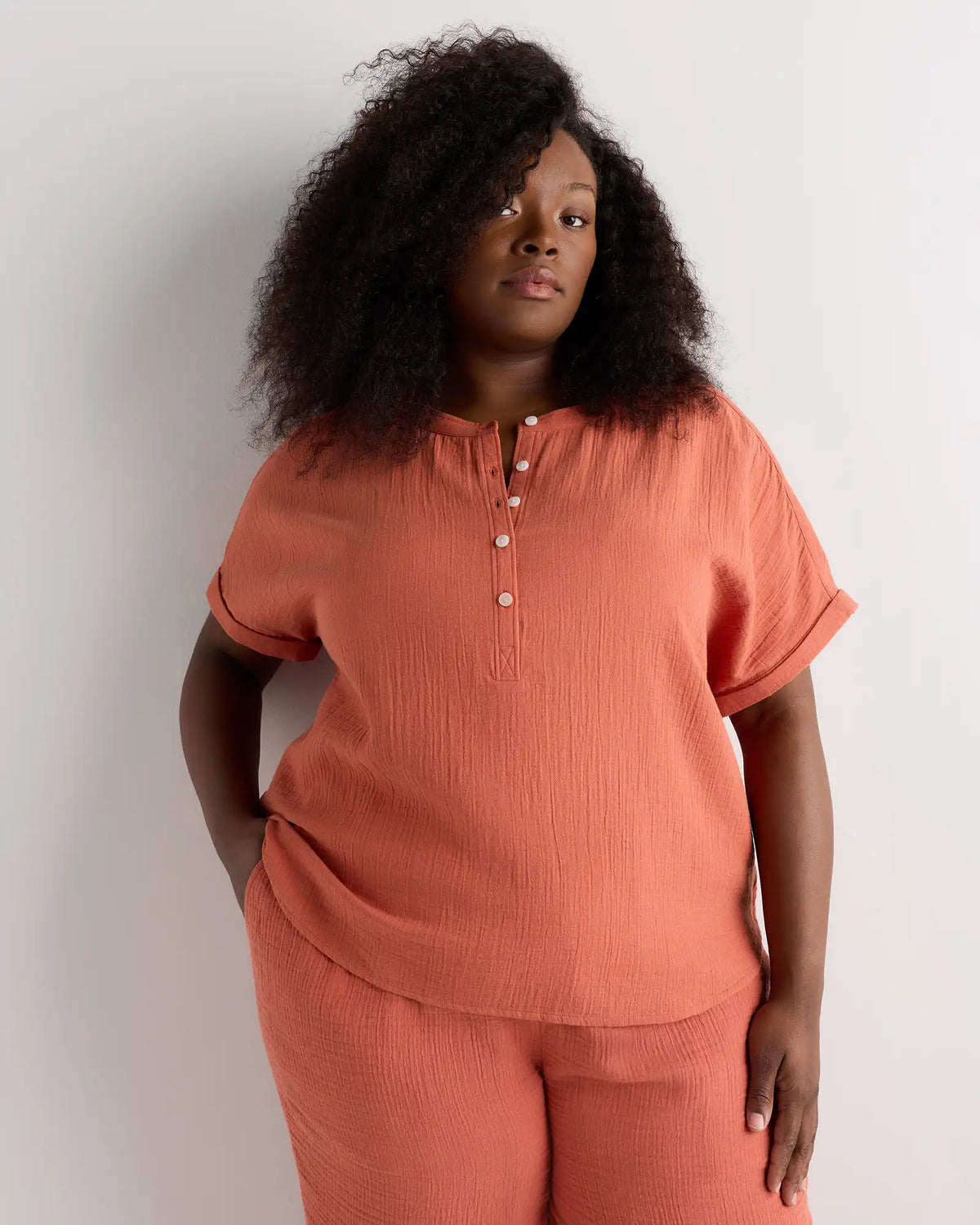100% Organic Cotton Gauze Roll Sleeve Shirt
