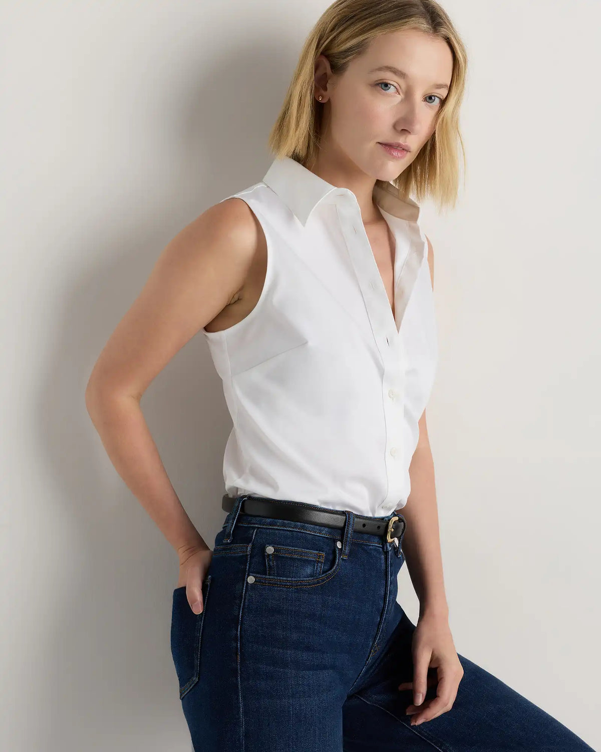 Organic Stretch Cotton Tailored Sleeveless Shirt