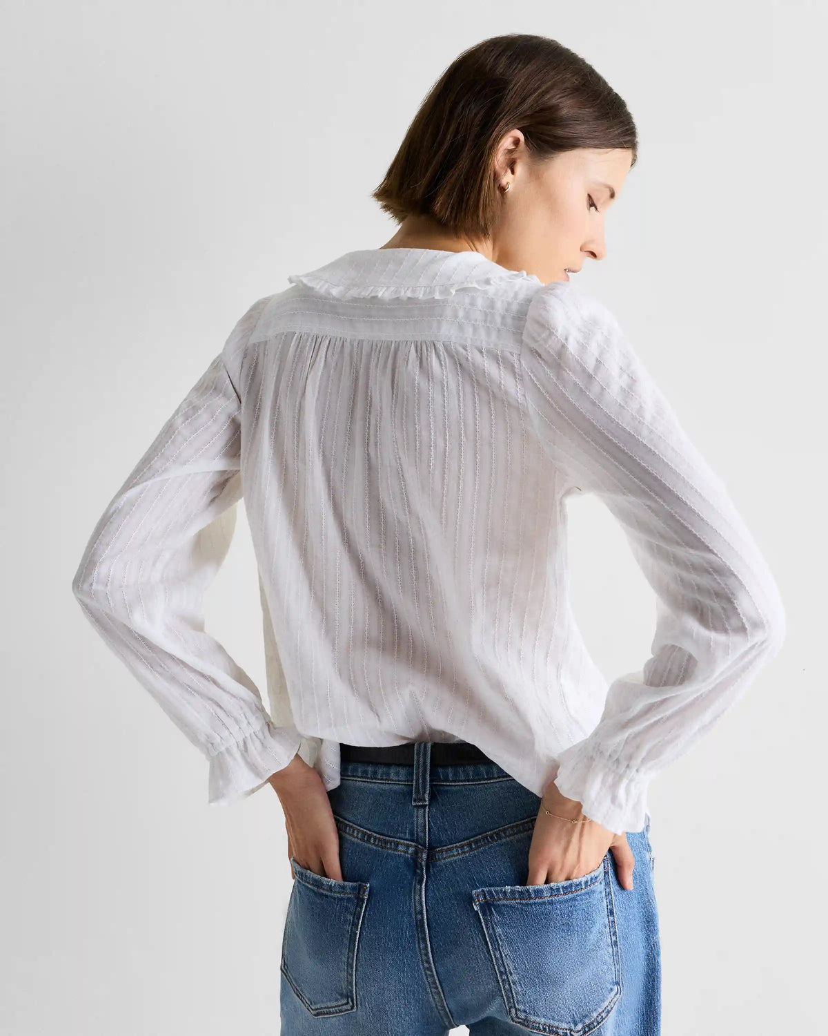 Embroidered Cotton Ruffle Collar Long Sleeve Blouse