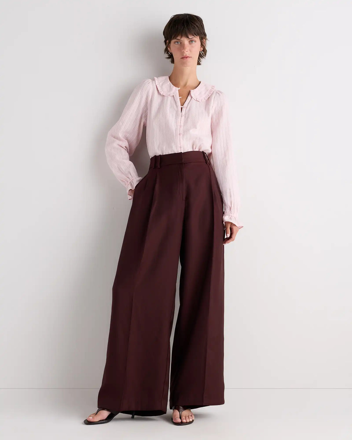 Embroidered Cotton Ruffle Collar Long Sleeve Blouse