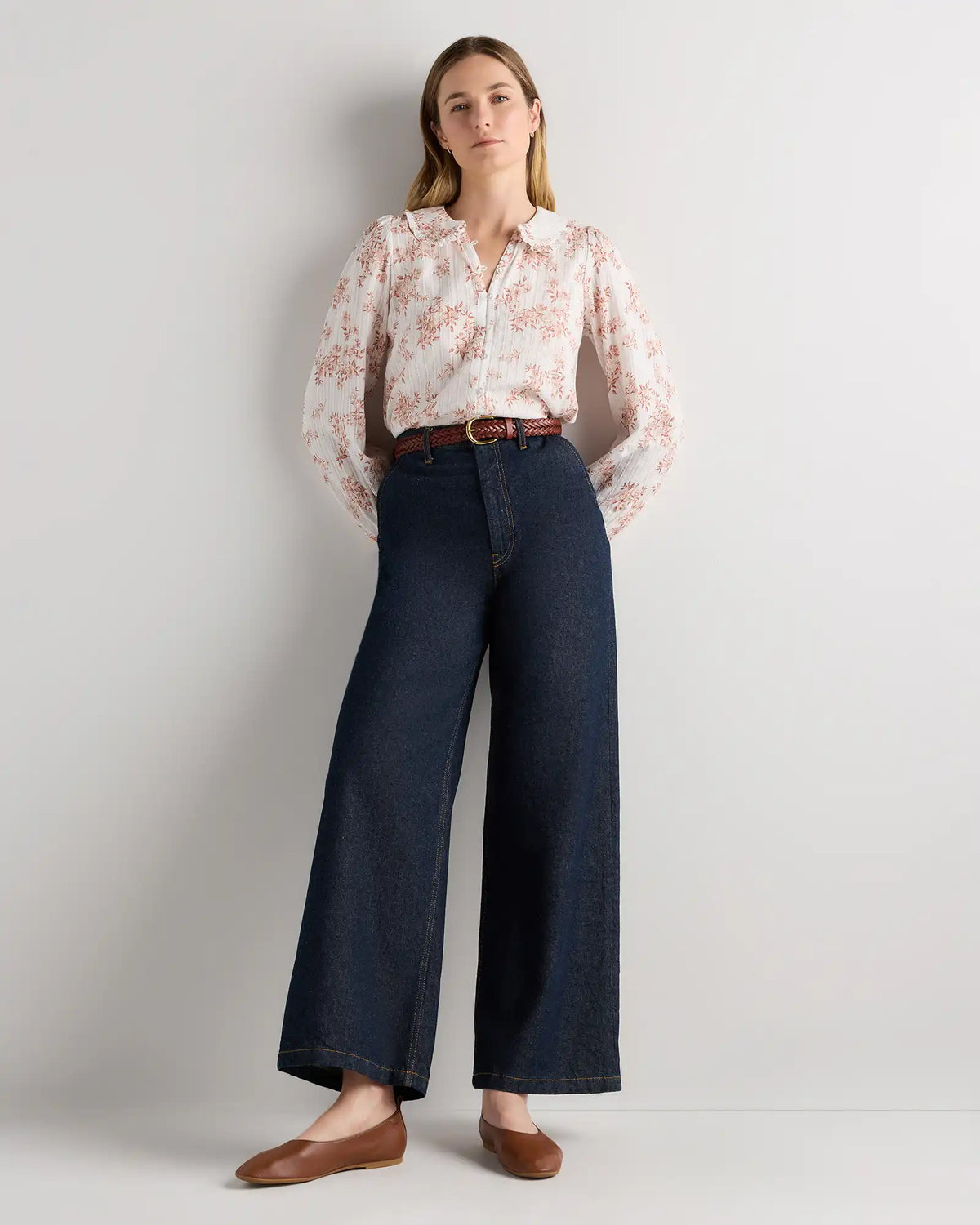 Embroidered Cotton Ruffle Collar Long Sleeve Blouse